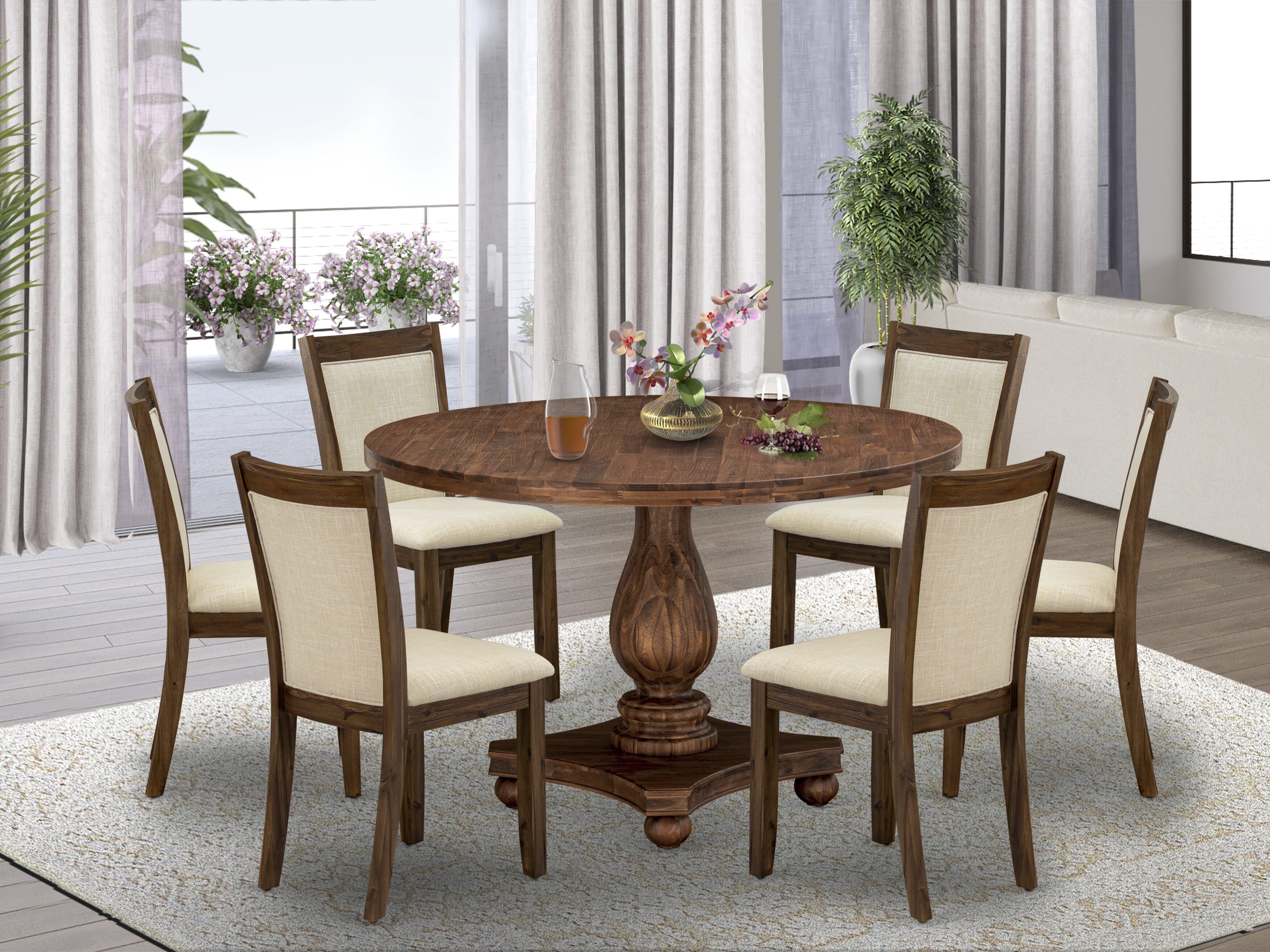 East West Furniture I2MZ7-N02 7-Pc Table Set - Round Kitchen Table and 6 Light Beige Color Parson Kitchen Chairs with High Back - Antique Walnut Finish