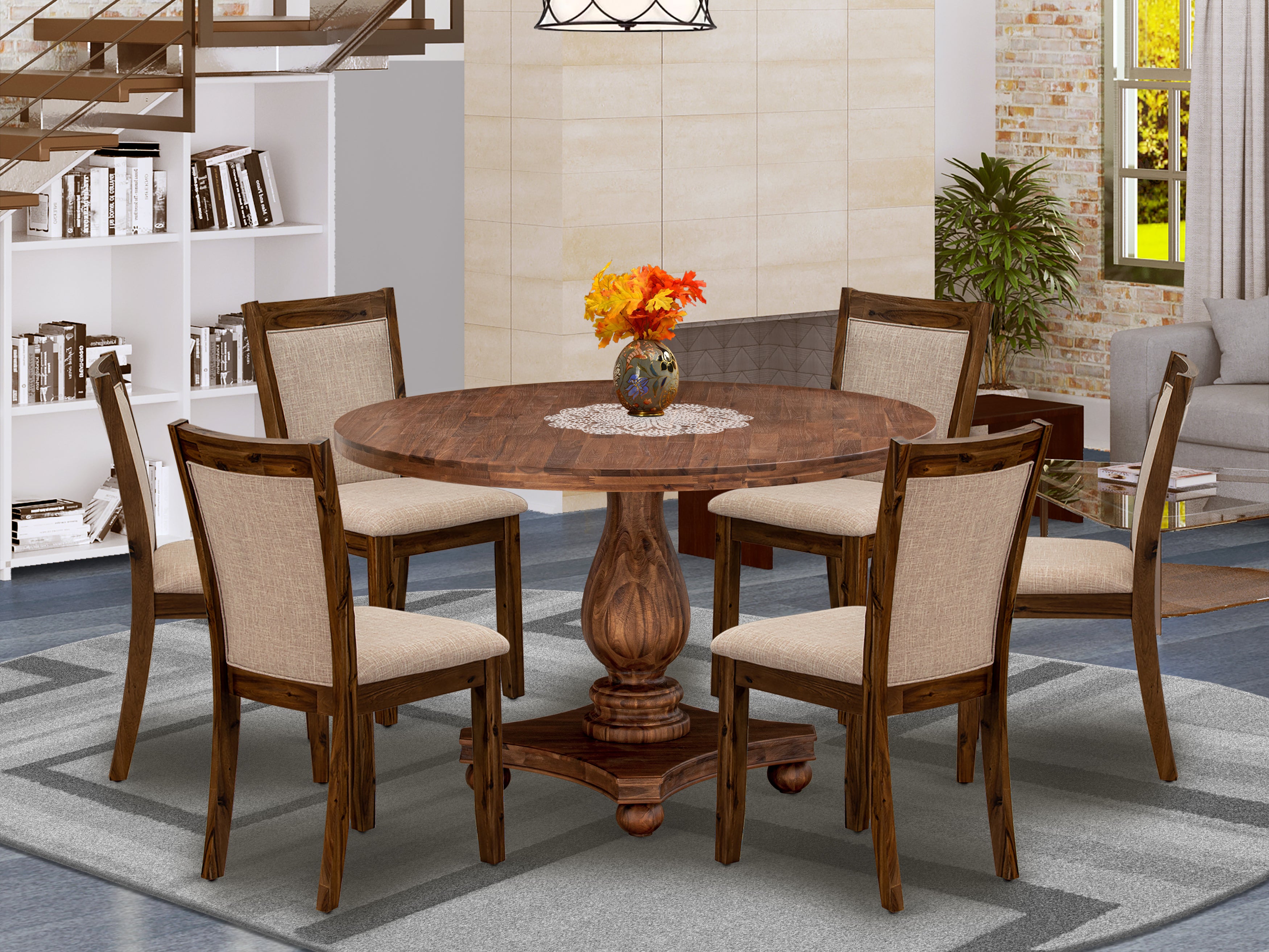 East West Furniture I2MZ7-N04 7-Piece Dinner Table Set - Round Modern Dining Table and 6 Light Tan Color Parson Wood Dining Chairs with High Back - Antique Walnut Finish