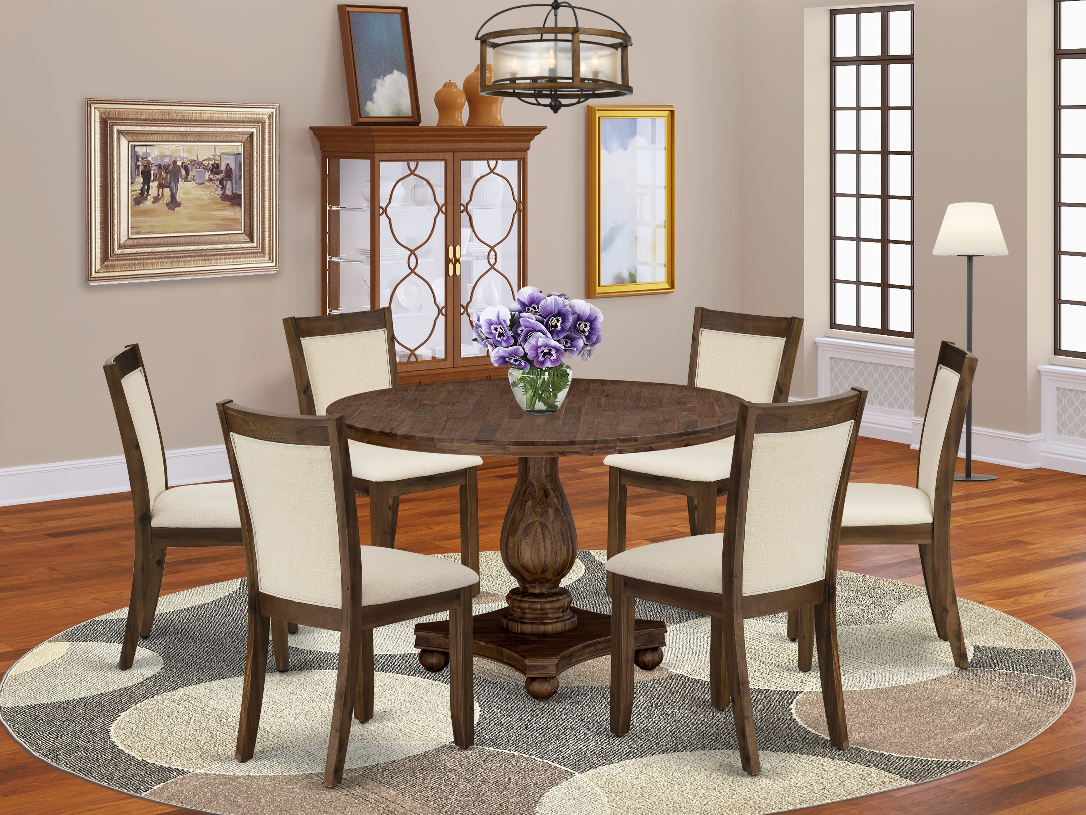 East West Furniture I2MZ7-NN-32 7-Piece Dining Set - A Beautiful Wooden Table and 6 Beautiful Light Beige Linen Fabric Dining Chairs with Stylish High Back (Sand Blasting Antique Walnut Finish)