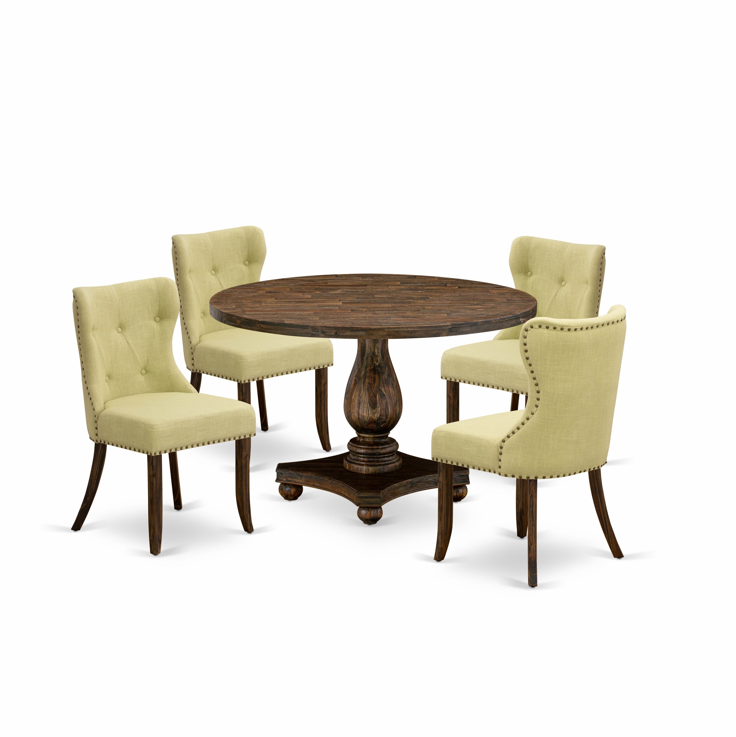 Juego de comedor de 5 piezas East West Furniture I2SI5-737. Incluye una mesa de comedor redonda con pedestal y 4 sillas tapizadas en tela de lino Limelight.