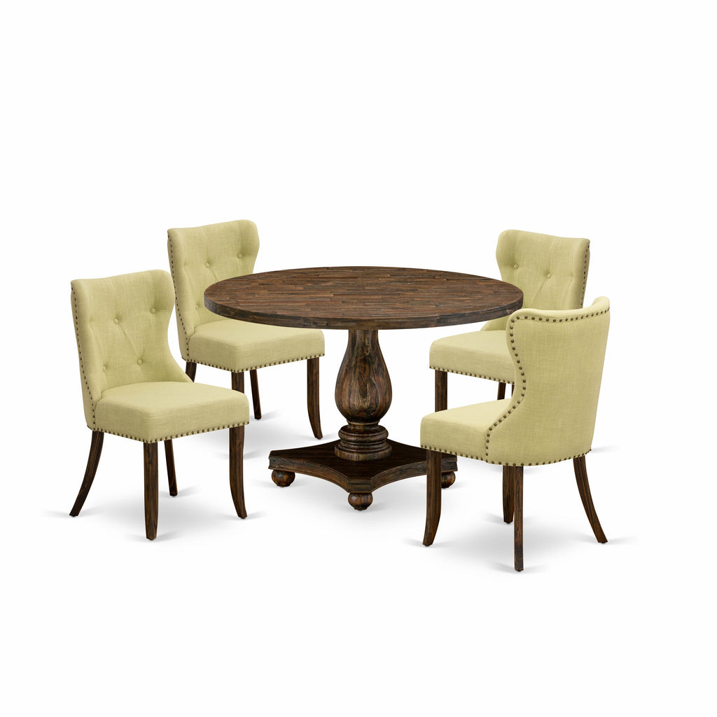 East West Furniture I2SI5-737 5 Piece Dining Room Furniture Set Includes a Round Dining Table with Pedestal and 4 Limelight Linen Fabric Upholstered Chairs