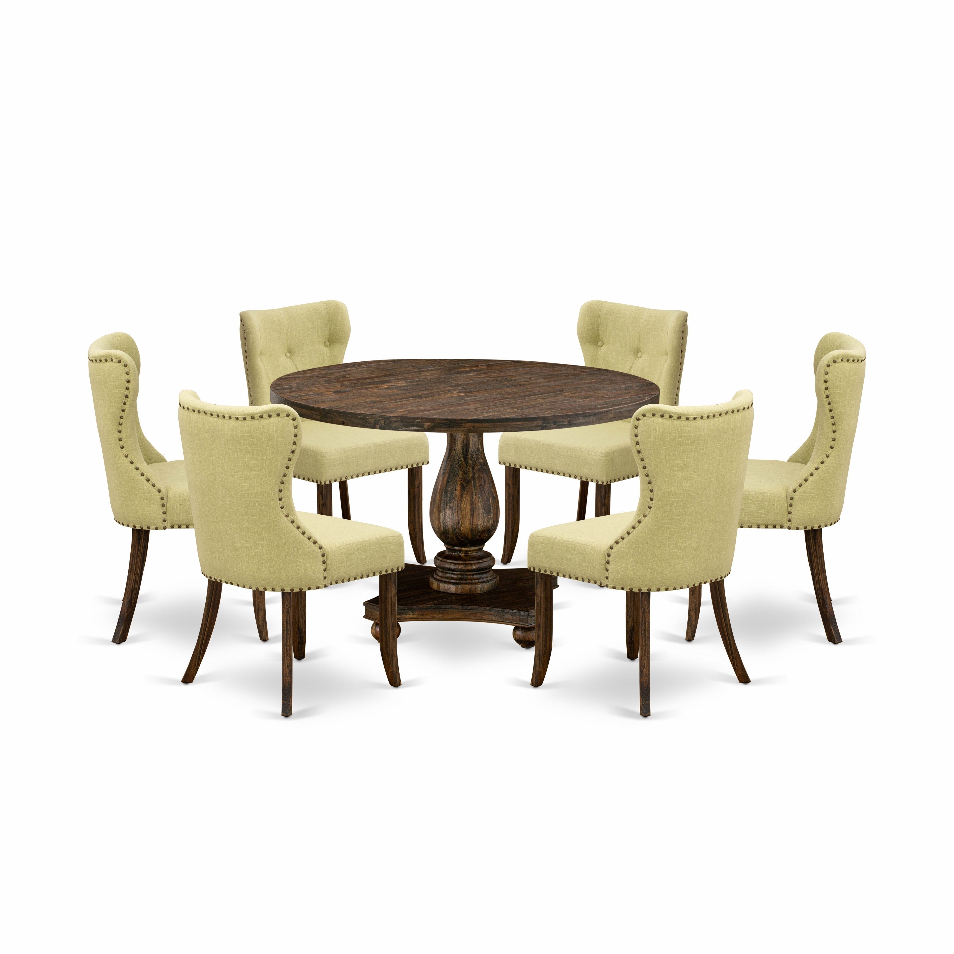 Juego de mesa de comedor de 7 piezas East West Furniture I2SI7-737 compuesto por una mesa de comedor redonda con pedestal y 6 sillas tapizadas en tela de lino Limelight.