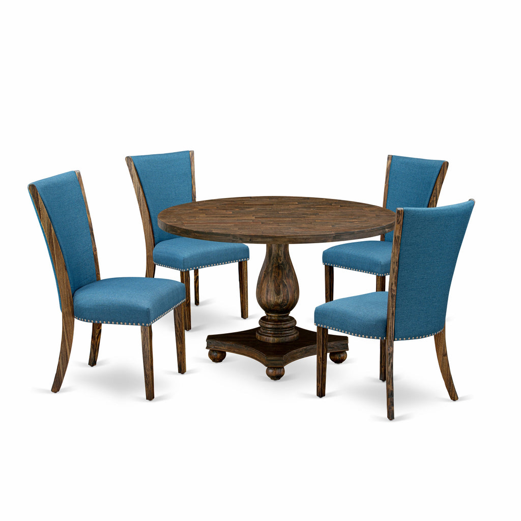 Juego de comedor de 5 piezas East West Furniture I2VE5-721 para 4 personas. Incluye una mesa de comedor redonda con pedestal y 4 sillas Parson de tela de lino de color azul.