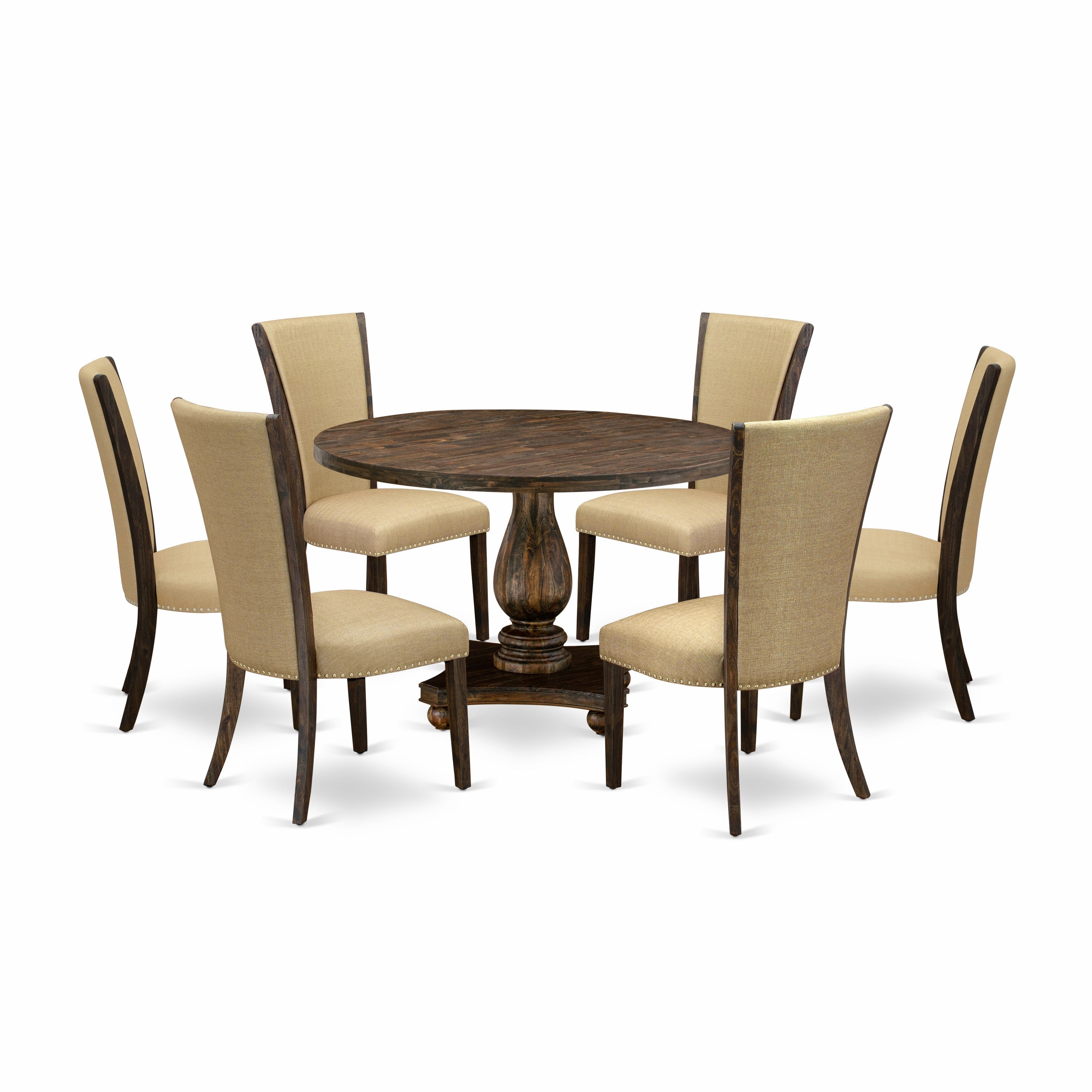 Juego de comedor de 7 piezas East West Furniture I2VE7-703 compuesto por una mesa de comedor redonda con pedestal y 6 sillas Parsons de tela de lino marrón.