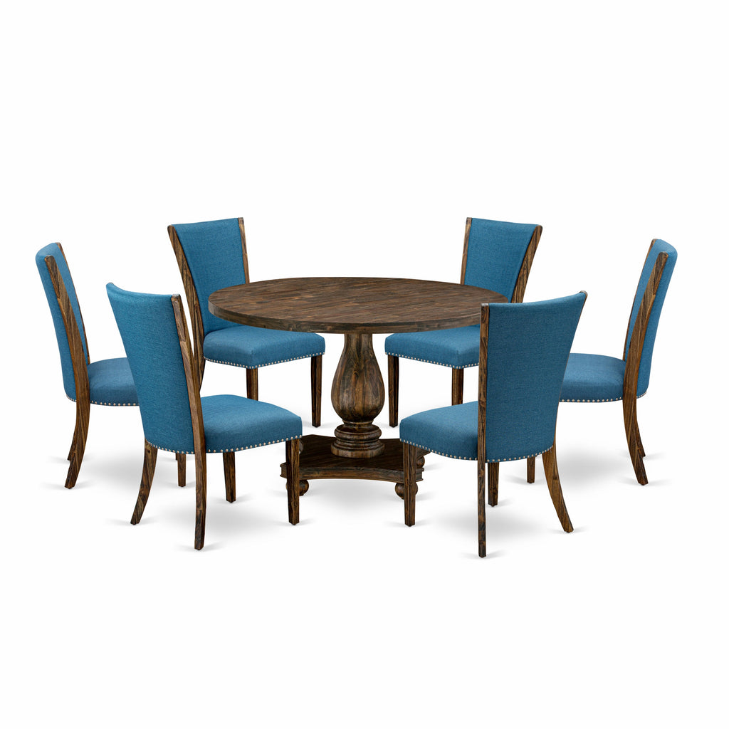 East West Furniture I2VE7-721 7 Piece Dining Set Consist of a Round Dining Room Table with Pedestal and 6 Blue Color Linen Fabric Upholstered Parson Chairs