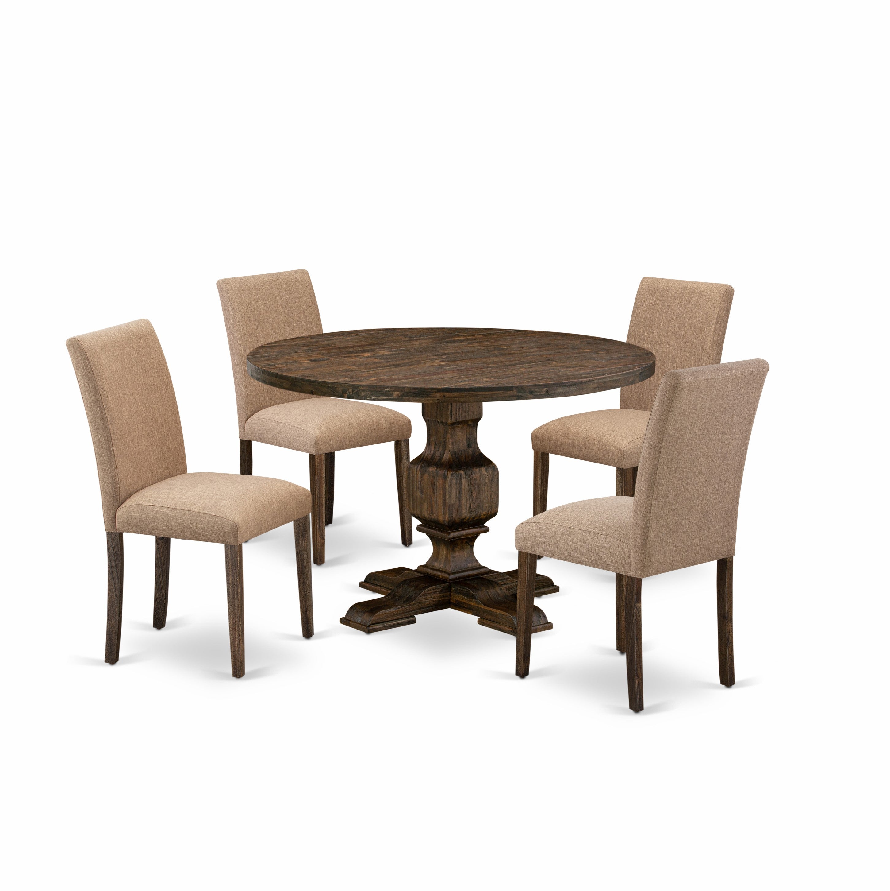 East West Furniture I3AB5-747 5 Piece Mid Century Modern Dining Set Includes a Dining Table and 4 Light Sable Linen Fabric Dining Chairs with High Back - Distressed Jacobean Finish