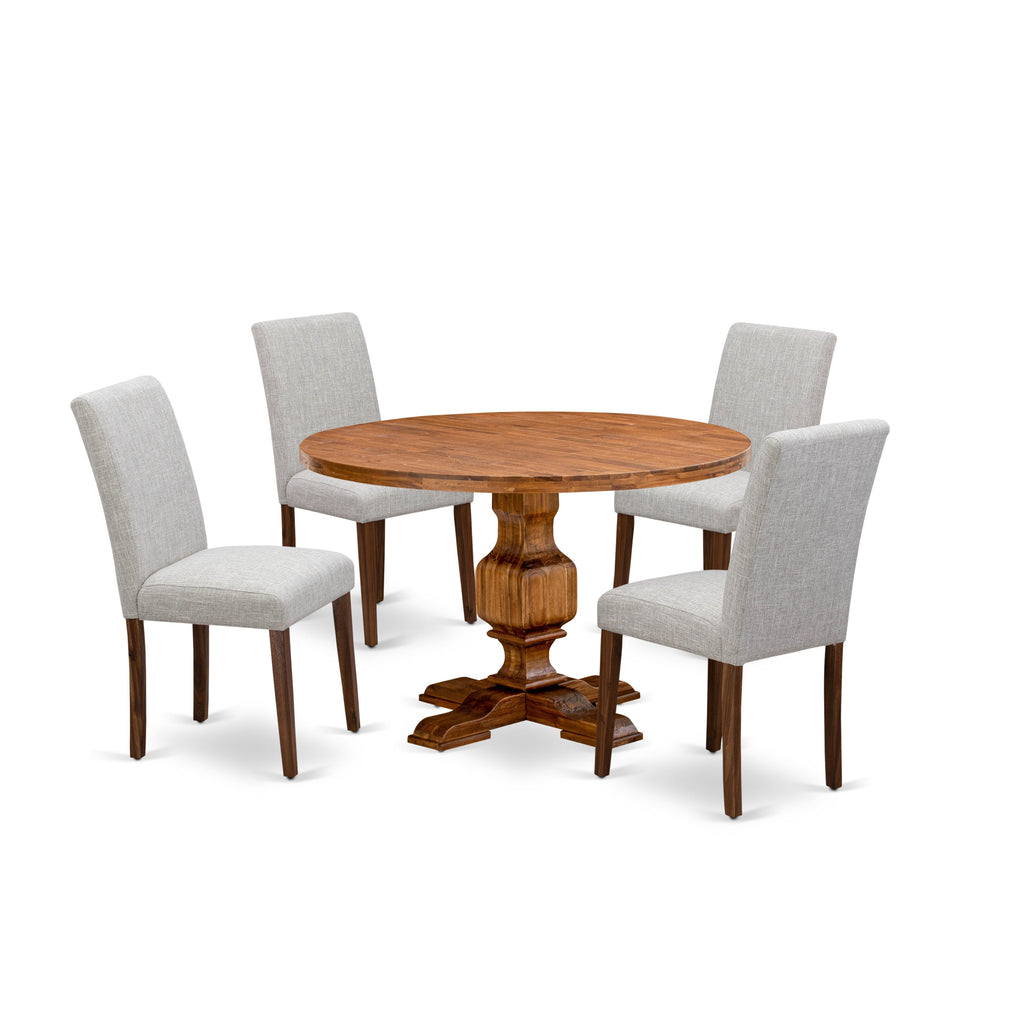 El juego de mesa de comedor de 5 piezas East West Furniture I3AB5-N35 incluye una mesa de comedor redonda con pedestal y 4 sillas Parson tapizadas en tela de lino y piel de venado.