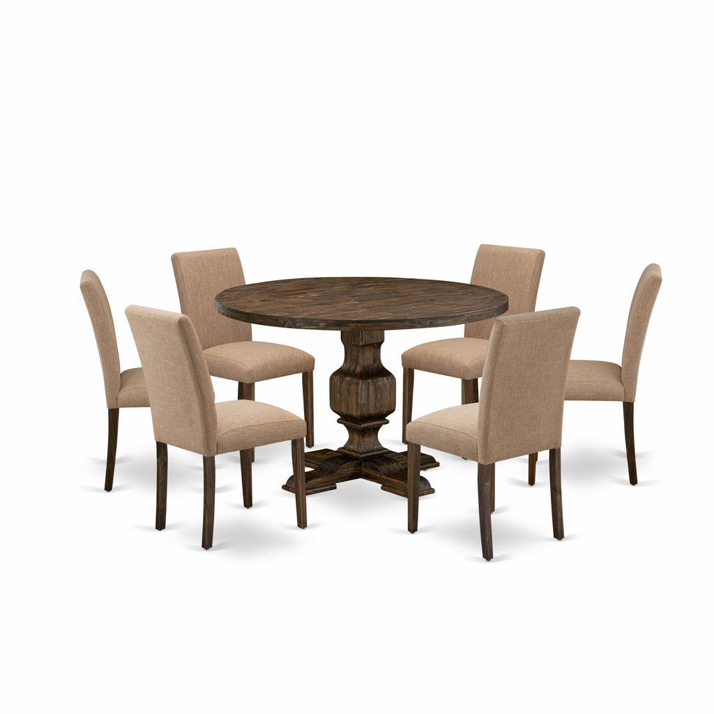 East West Furniture I3AB7-747 7 Piece Modern Dining Table Set Consist of a Round Wooden Table with Pedestal and 6 Light Sable Linen Fabric Parson Chairs