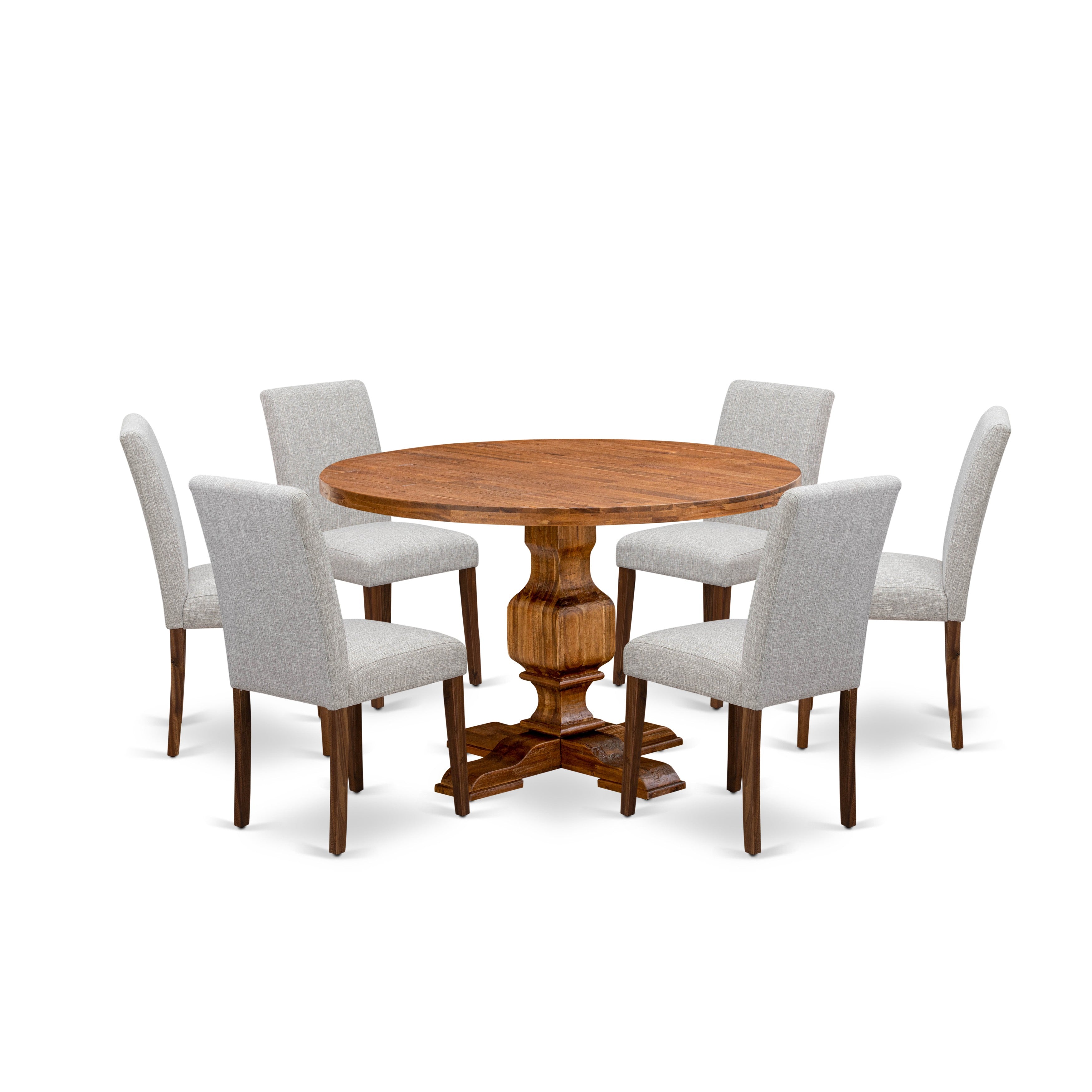 Juego de comedor East West Furniture I3AB7-N35 de 7 piezas compuesto por una mesa de comedor redonda con pedestal y 6 sillas Parson tapizadas en tela de lino y piel de venado.