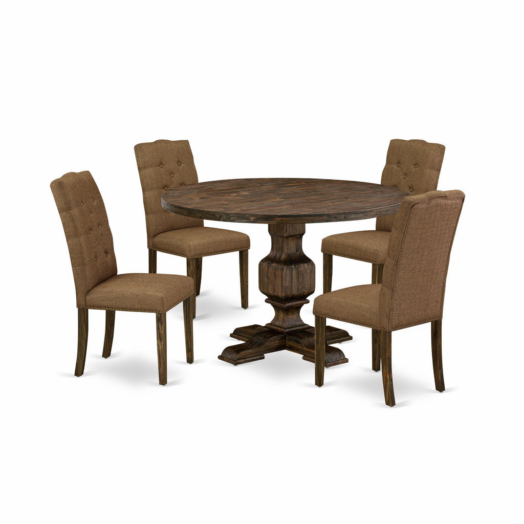 East West Furniture I3EL5-718 5 Piece Modern Dining Table Set Includes a Round Wooden Table with Pedestal and 4 Brown Linen Linen Fabric Upholstered Chairs