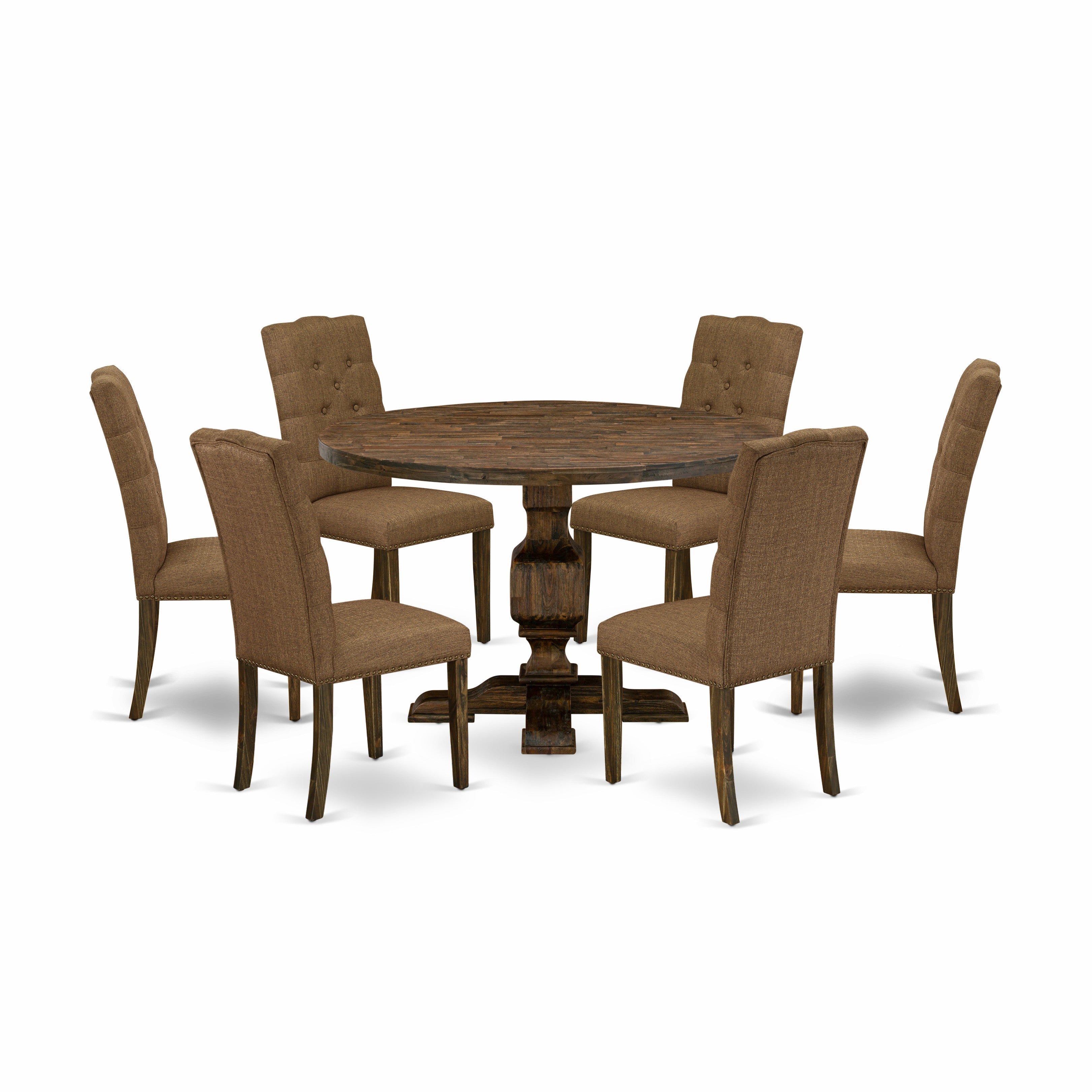 East West Furniture I3EL7-718 7 Piece Dining Set Includes a Dining Room Table and 6 Brown Linen Fabric Upholstered Dining Chairs with Button Tufted Back - Distressed Jacobean Finish