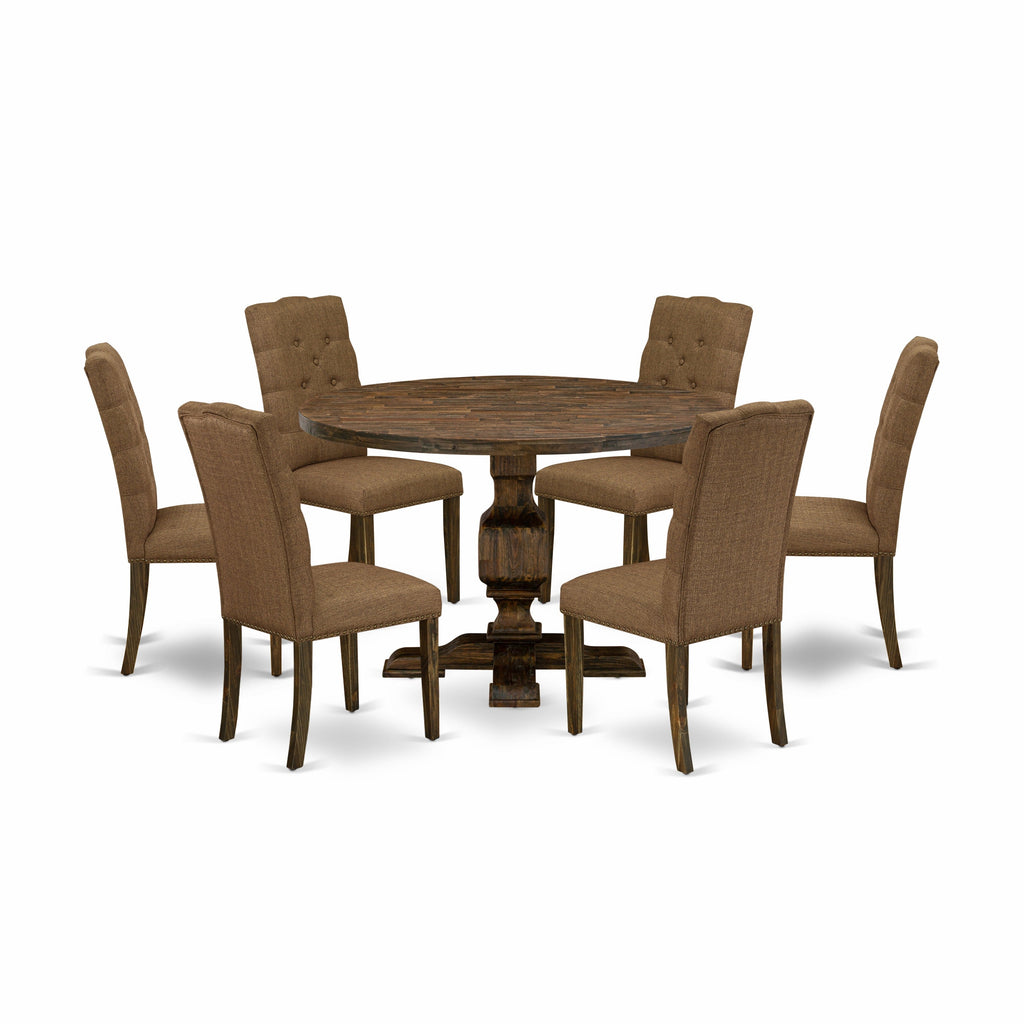East West Furniture I3EL7-718 7 Piece Dining Set Consist of a Round Dining Room Table with Pedestal and 6 Brown Linen Linen Fabric Upholstered Parson Chairs