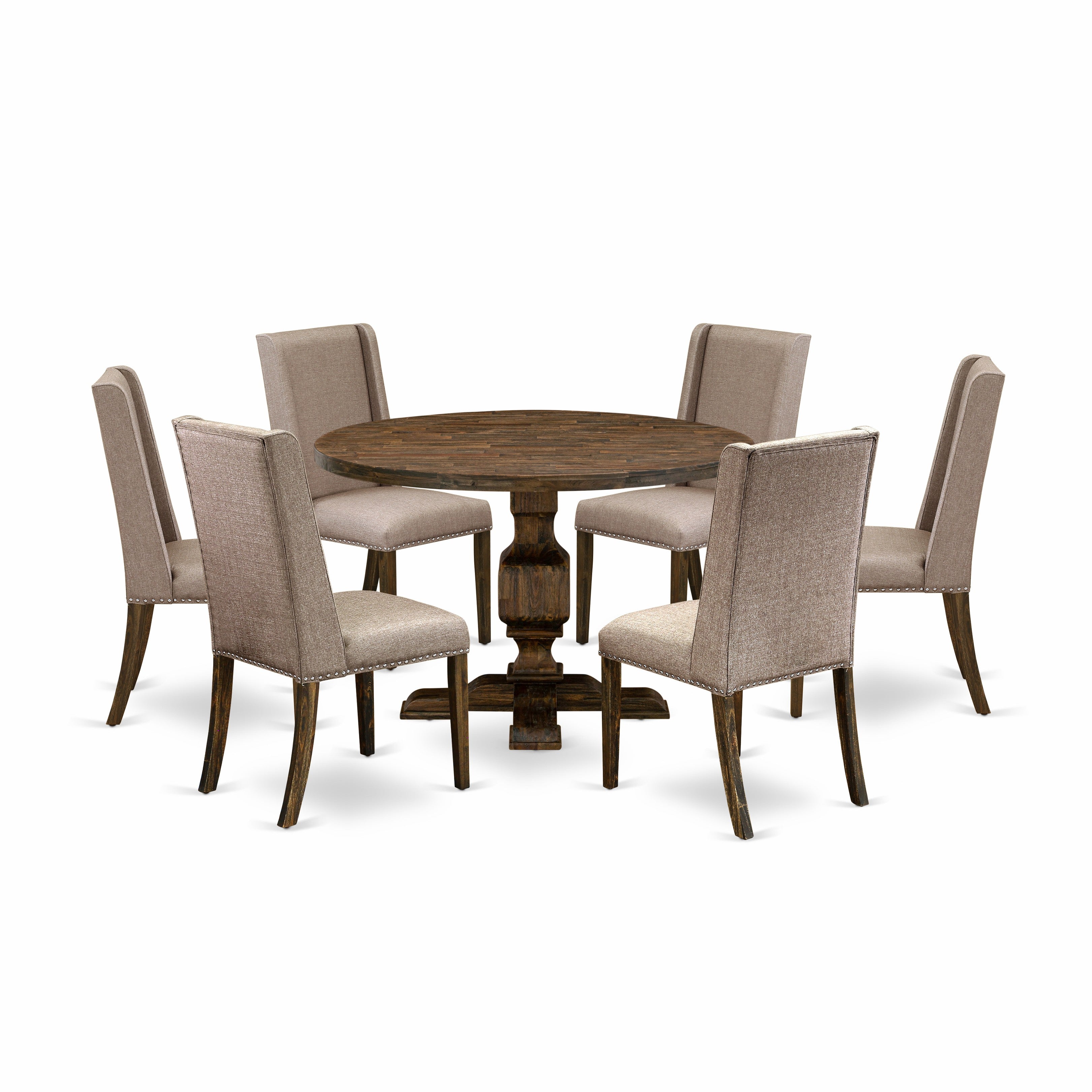 East West Furniture I3FL7-716 7 Piece Dining Set Consists of a Wooden Table and 6 Dark Khaki Linen Fabric Upholstered Chairs with High Back - Distressed Jacobean Finish