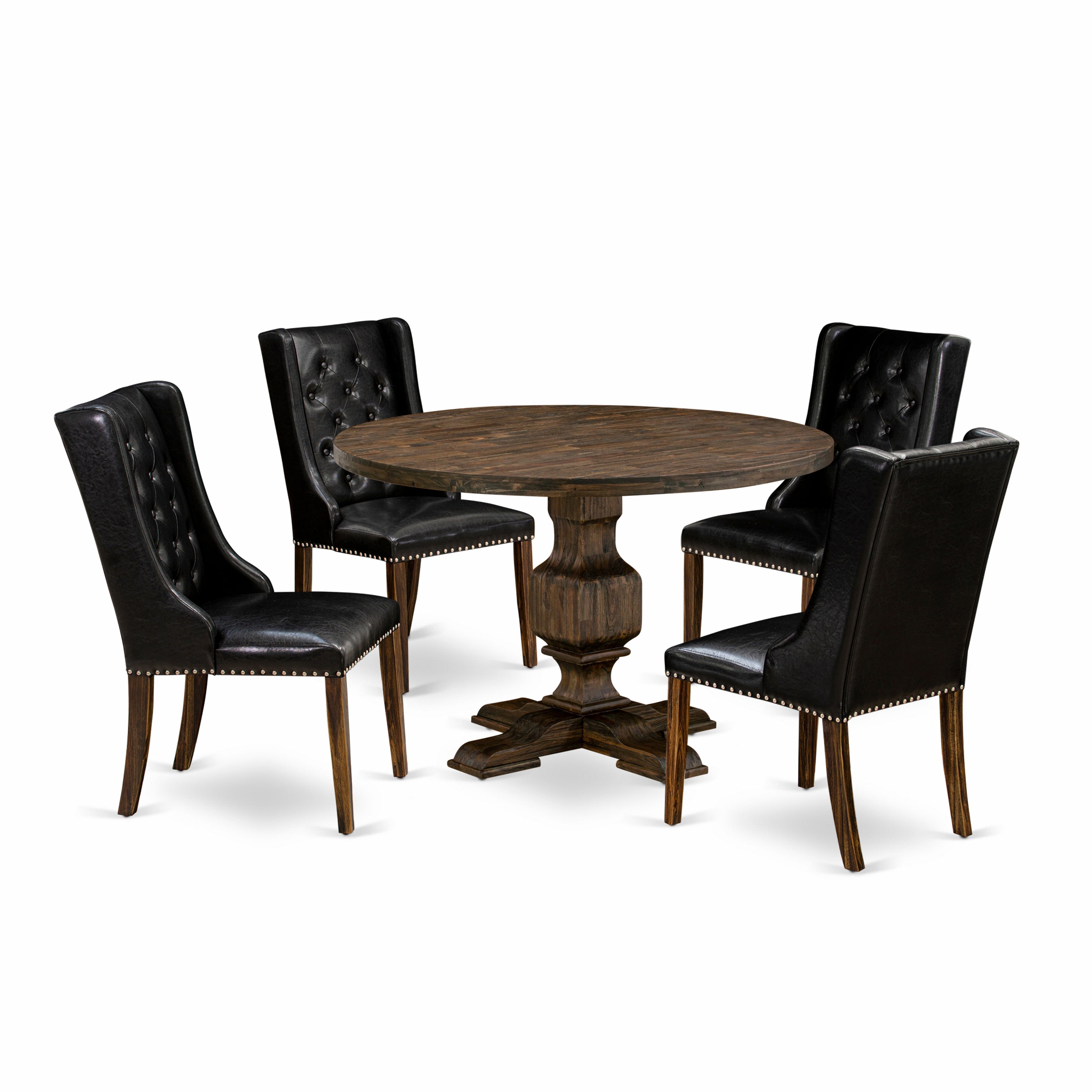 East West Furniture I3FO5-749 5 Piece Dining Room Table Set Contains a Wooden Table and 4 Black PU faux Leather Mid Century Modern Dining Chairs with Button Tufted Back - Distressed Jacobean Finish