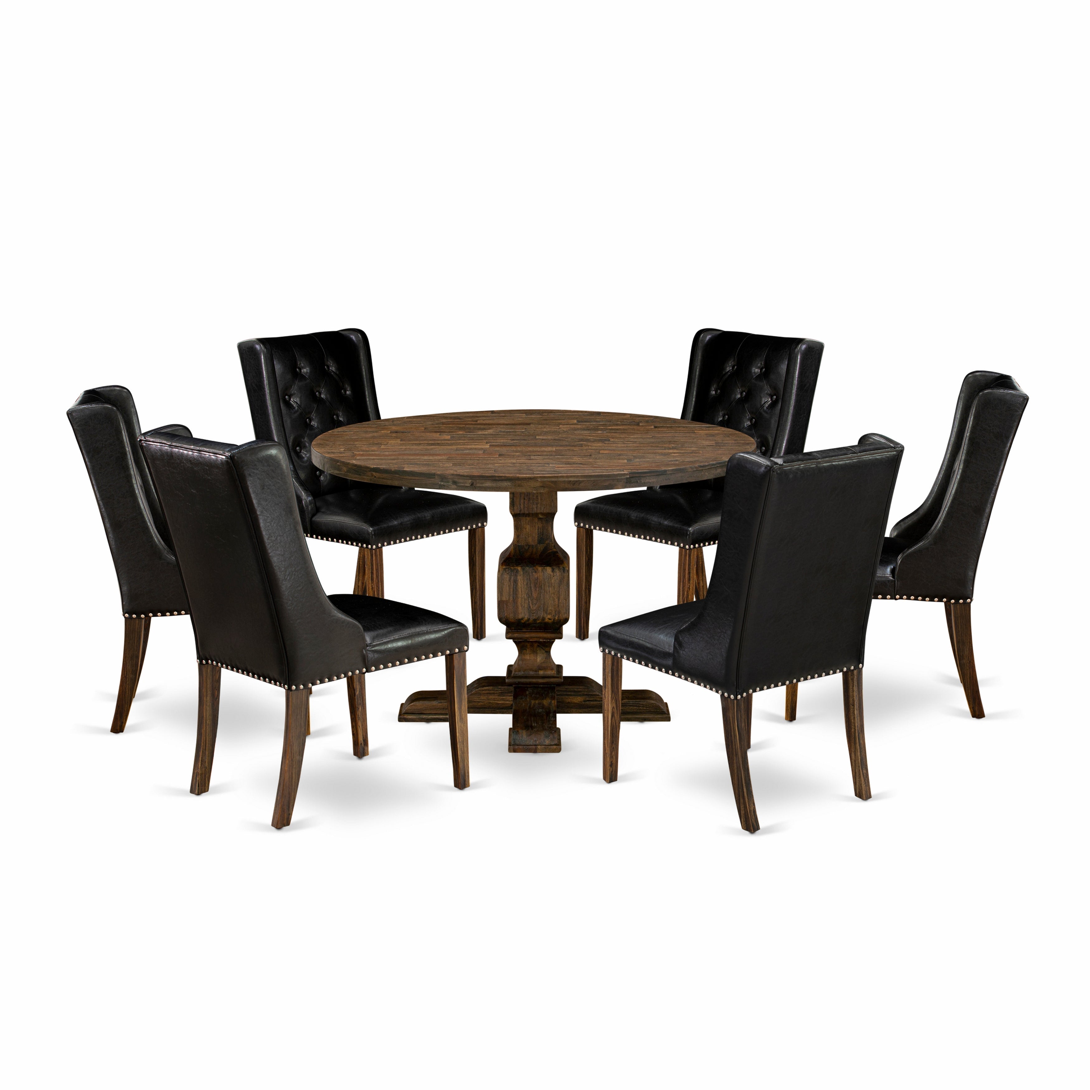 Juego de mesa y sillas de cocina de 7 piezas East West Furniture I3FO7-749. Incluye una mesa de comedor redonda con pedestal y 6 sillas de comedor Parson de piel sintética negra.
