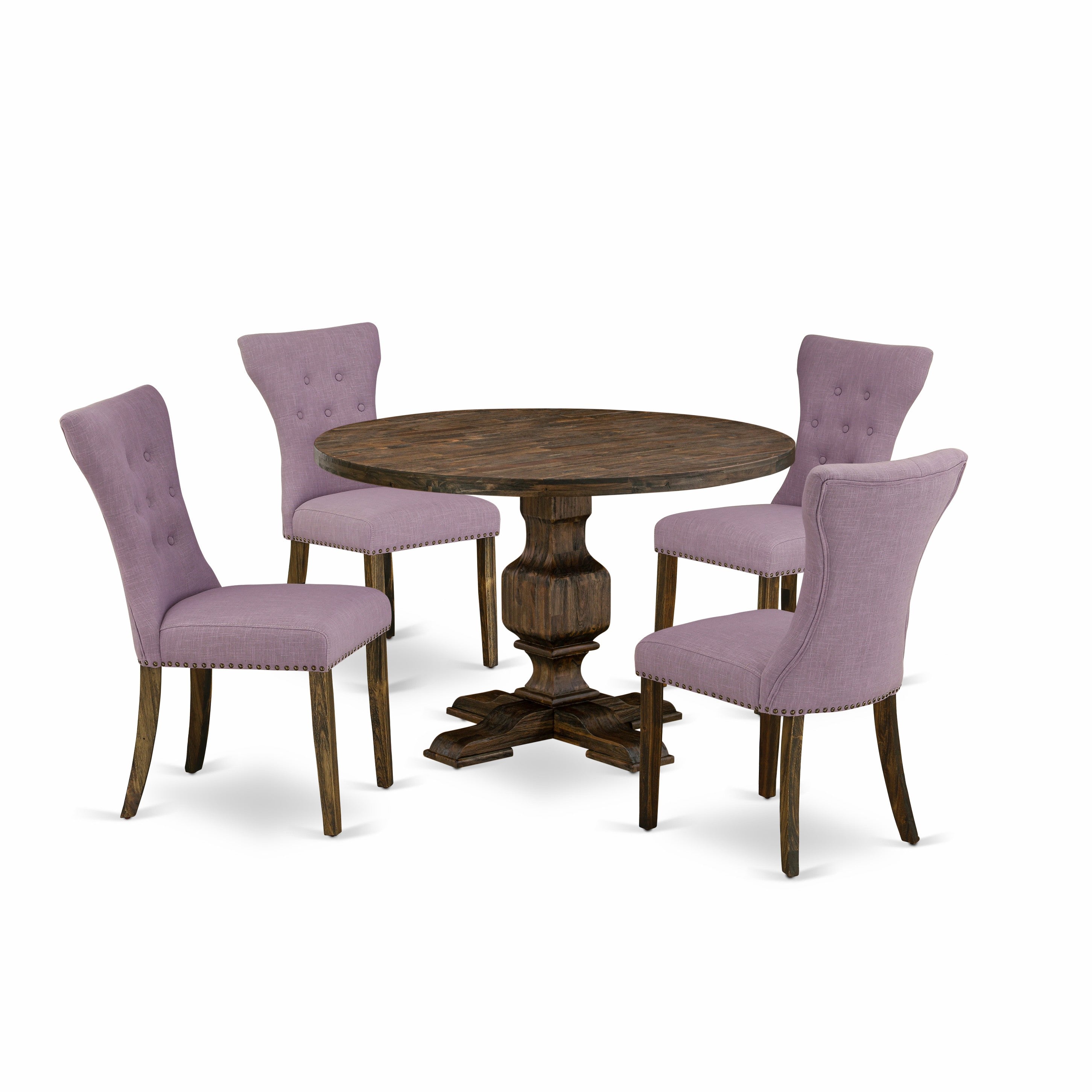 El juego de mesa de comedor de 5 piezas East West Furniture I3GA5-740 incluye una mesa de cocina redonda con pedestal y 4 sillas de comedor Parsons de tela de lino Dahlia.