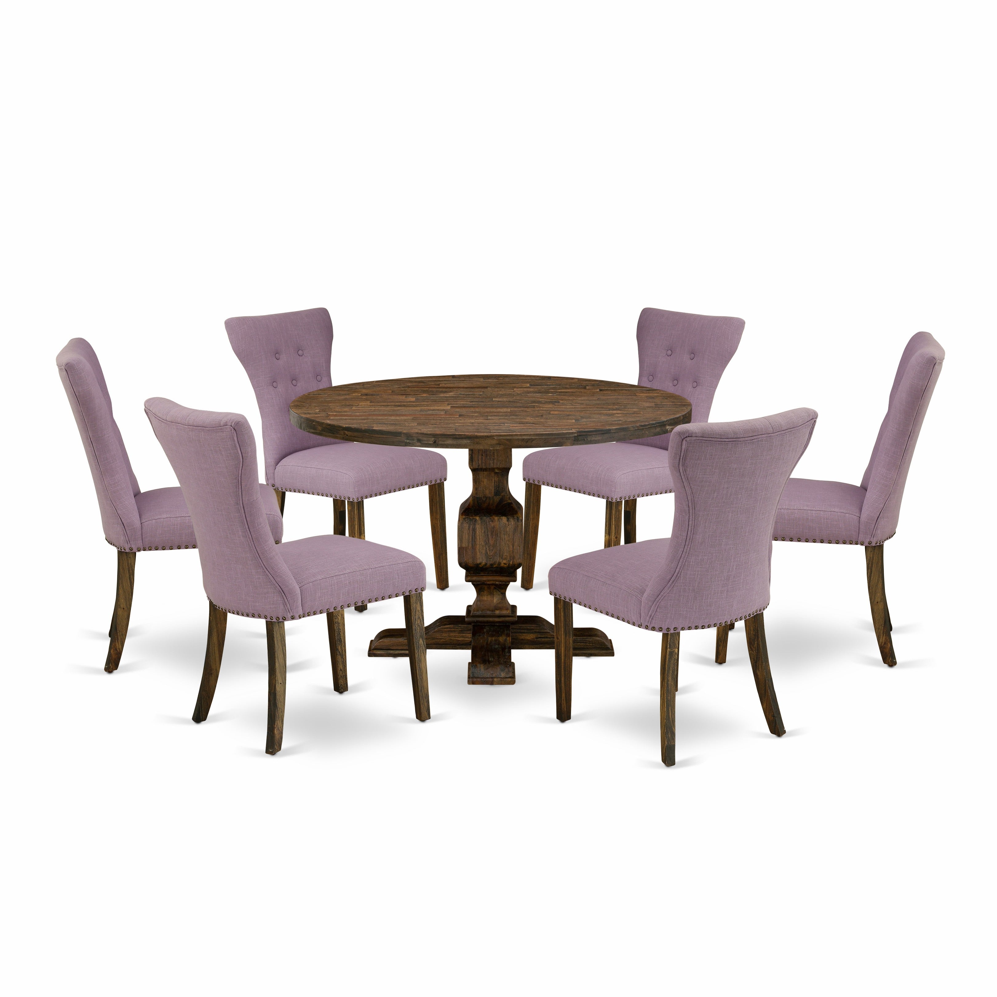 East West Furniture I3GA7-740 7 Piece Table Set Consists of a Kitchen Table and 6 Dahlia Linen Fabric Dining Chairs with Button Tufted Back - Distressed Jacobean Finish