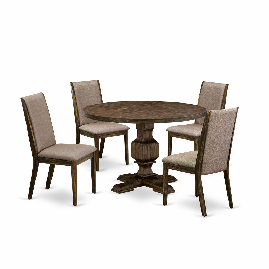 Juego de mesa de comedor moderna de 5 piezas East West Furniture I3LA5-716. Incluye una mesa redonda de madera con pedestal y 4 sillas de comedor Parson de tela de lino color caqui oscuro.