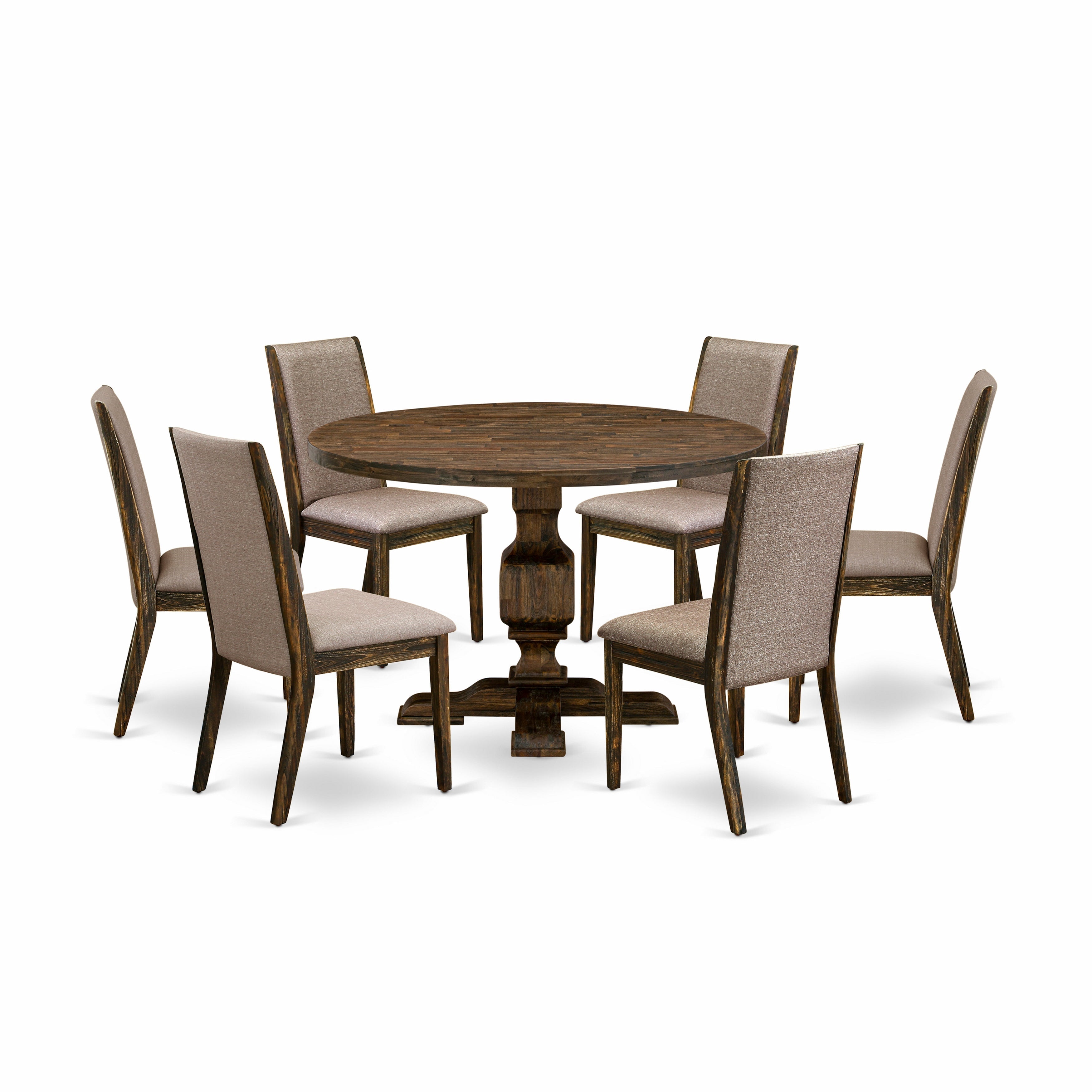 Juego de mesa de comedor de 7 piezas East West Furniture I3LA7-716 compuesto por una mesa de cocina redonda con pedestal y 6 sillas de comedor Parson de tela de lino color caqui oscuro.