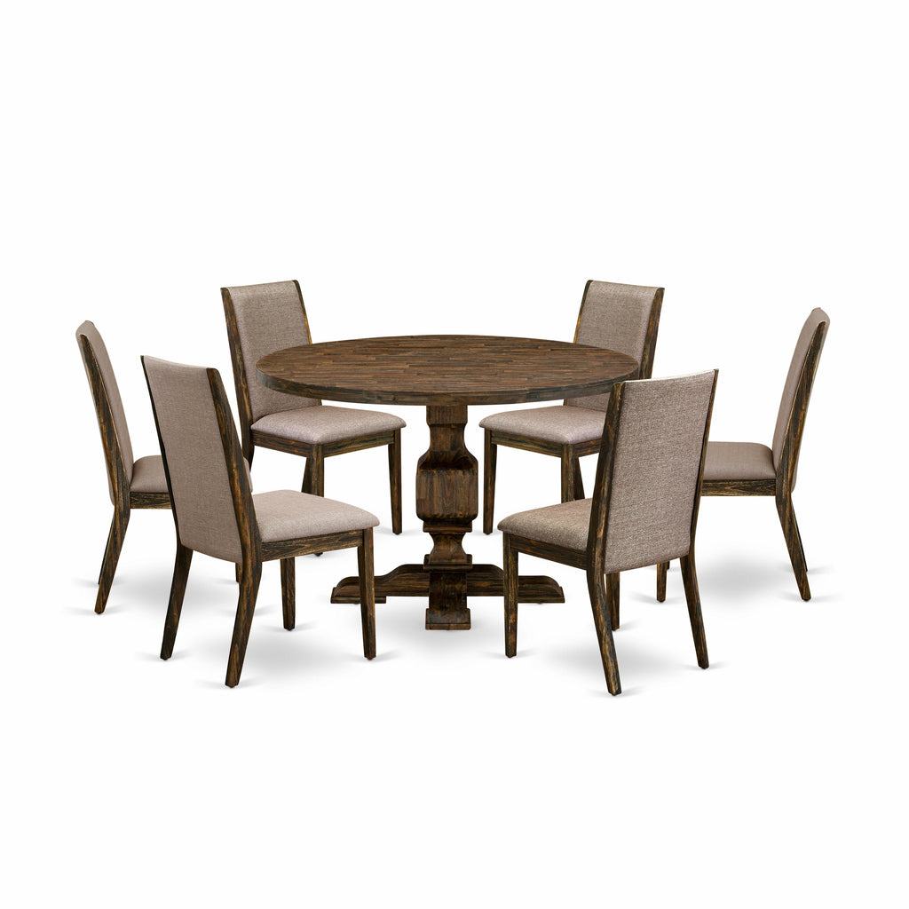 East West Furniture I3LA7-716 7 Piece Modern Dining Table Set Contains a Mid Century Dining Table and 6 Dark Khaki Linen Fabric Mid Century Chairs with High Back - Distressed Jacobean Finish