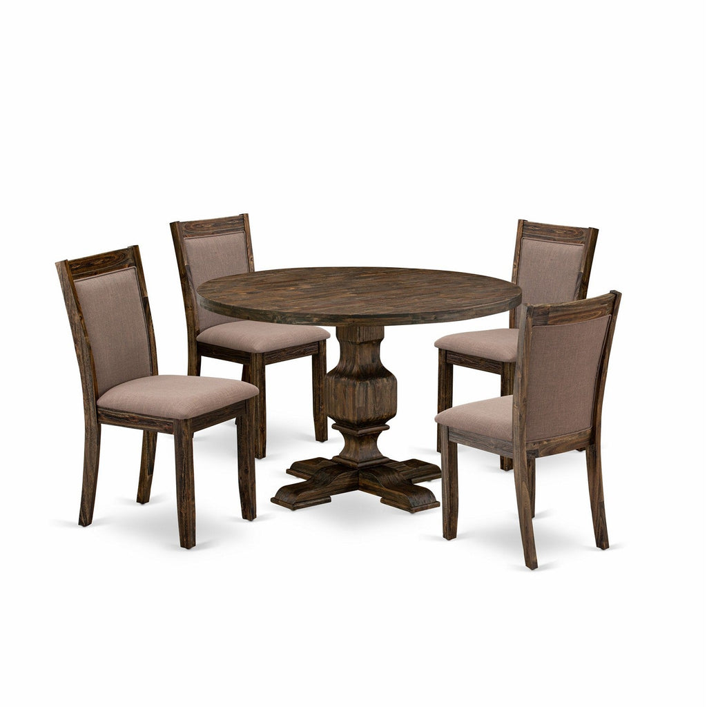 East West Furniture I3MZ5-748 5 Piece Dining Room Table Set Includes a Round Kitchen Table with Pedestal and 4 Coffee Linen Fabric Parson Dining Chairs, 48x48 Inch, Distressed Jacobean