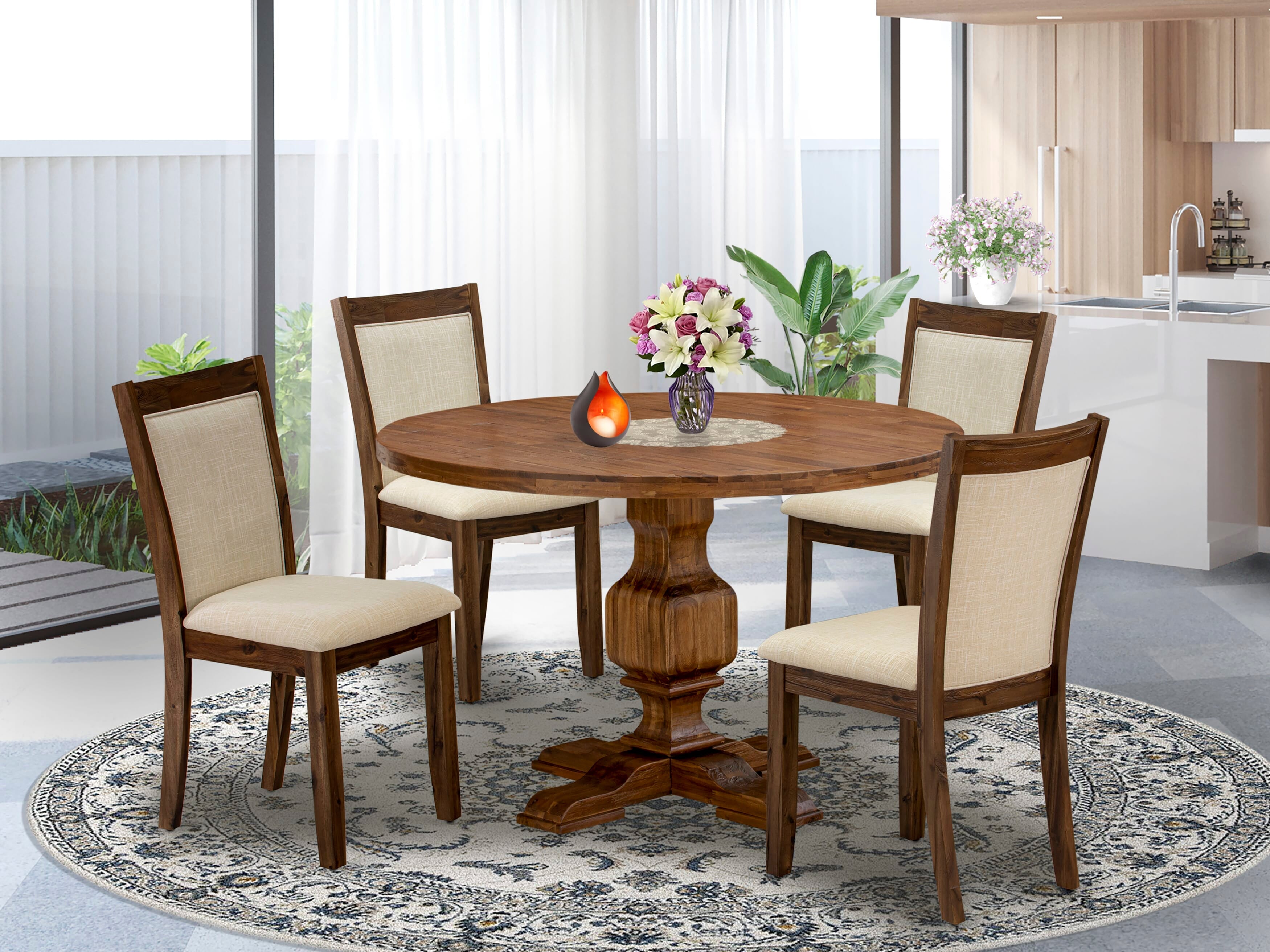 East West Furniture I3MZ5-N02 5-Pc Modern Dining Set - Mid Century Dining Table and 4 Light Beige Color Parson Kitchen Chairs with High Back - Antique Walnut Finish