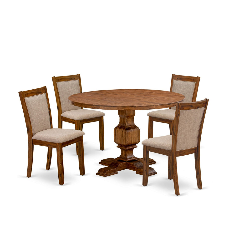 East West Furniture I3MZ5-N04 5 Piece Modern Dining Table Set Includes a Round Wooden Table with Pedestal and 4 Light Tan Linen Fabric Upholstered Parson Chairs, 48x48 Inch, Antique Walnut