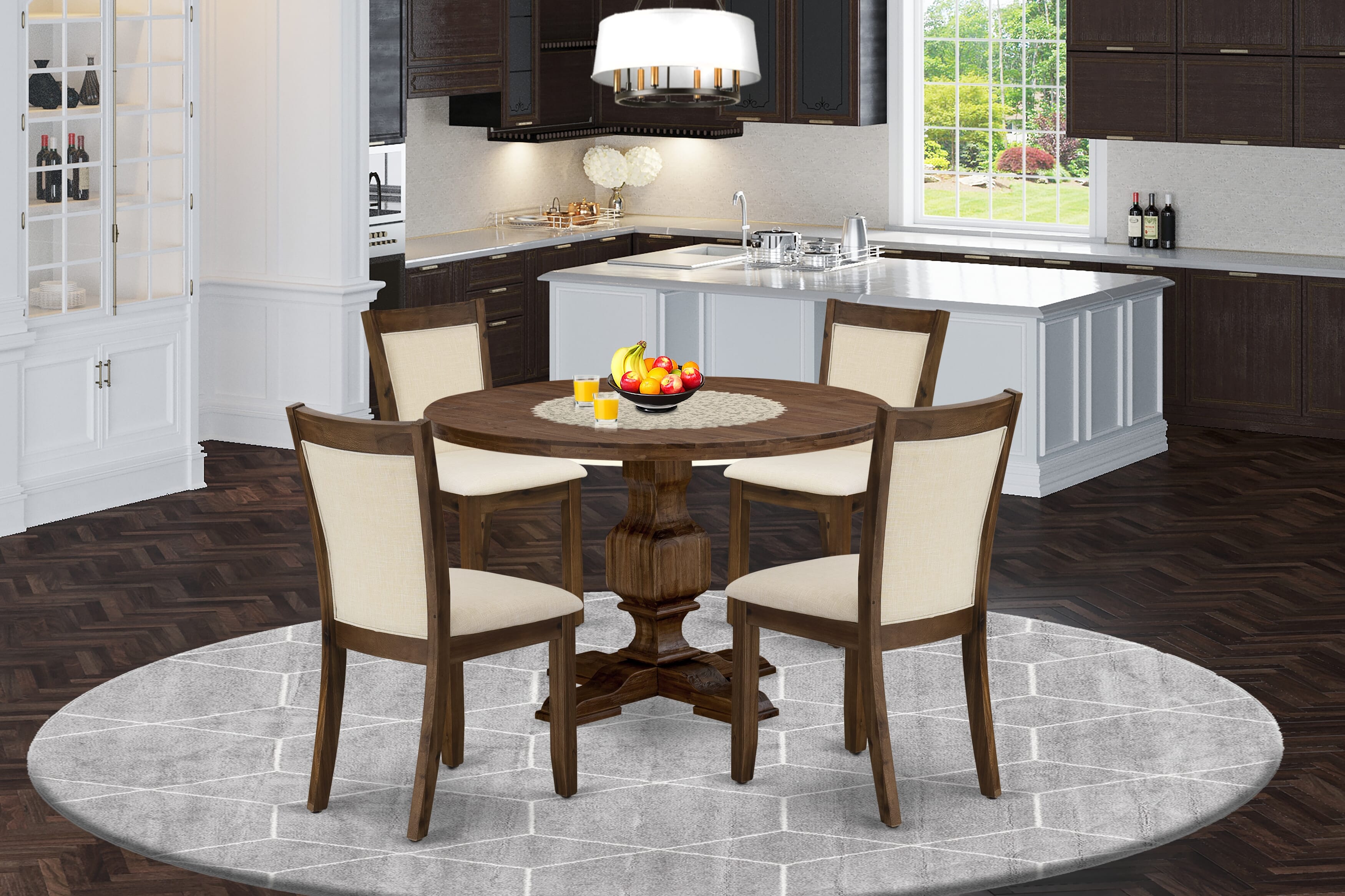 East West Furniture I3MZ5-NN-32 5-Piece Dining Room Set - An Attractive Dining Table and 4 Lovely Light Beige Linen Fabric Wooden Chairs with Stylish High Back (Sand Blasting Antique Walnut Finish)