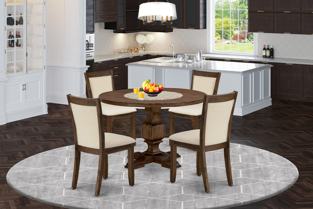 East West Furniture I3MZ5-NN-32 5 Piece Kitchen Set Includes a Round Dining Room Table with Pedestal and 4 Light Beige Linen Fabric Parson Chairs