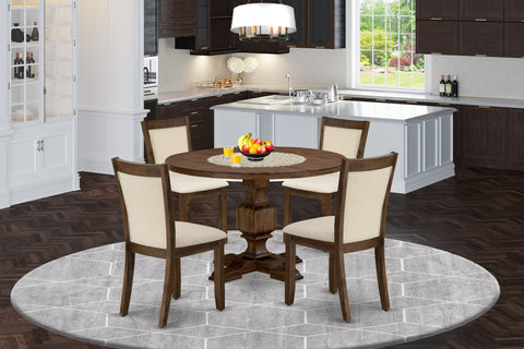 East West Furniture I3MZ5-NN-32 5 Piece Kitchen Set Includes a Round Dining Room Table with Pedestal and 4 Light Beige Linen Fabric Parson Chairs, 48x48 Inch, Sandblasting Antique Walnut