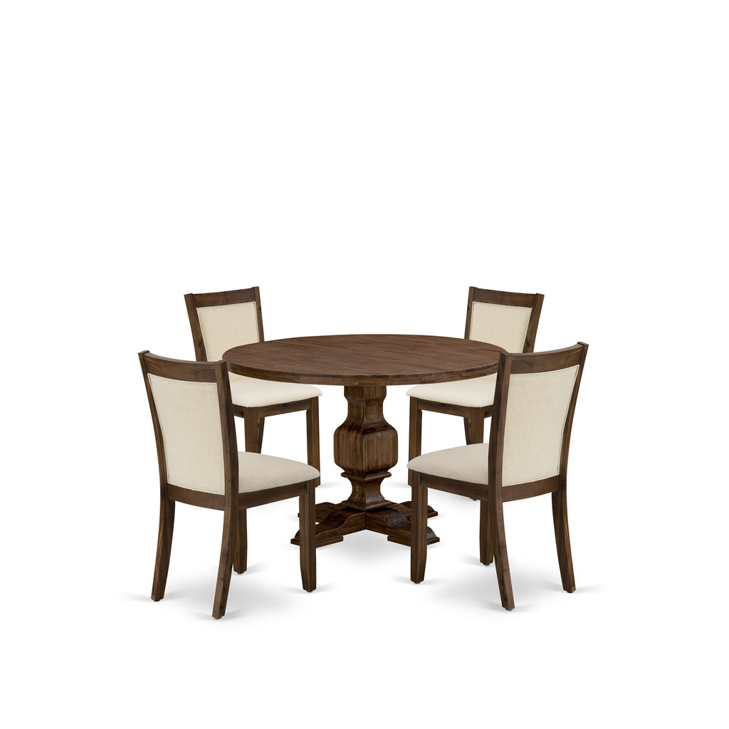 East West Furniture I3MZ5-NN-32 5 Piece Kitchen Set Includes a Round Dining Room Table with Pedestal and 4 Light Beige Linen Fabric Parson Chairs, 48x48 Inch, Sandblasting Antique Walnut