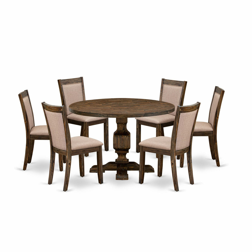 East West Furniture I3MZ7-716 7 Piece Kitchen Table Set Consist of a Round Dining Table with Pedestal and 6 Dark Khaki Linen Fabric Parson Chairs, 48x48 Inch, Distressed Jacobean