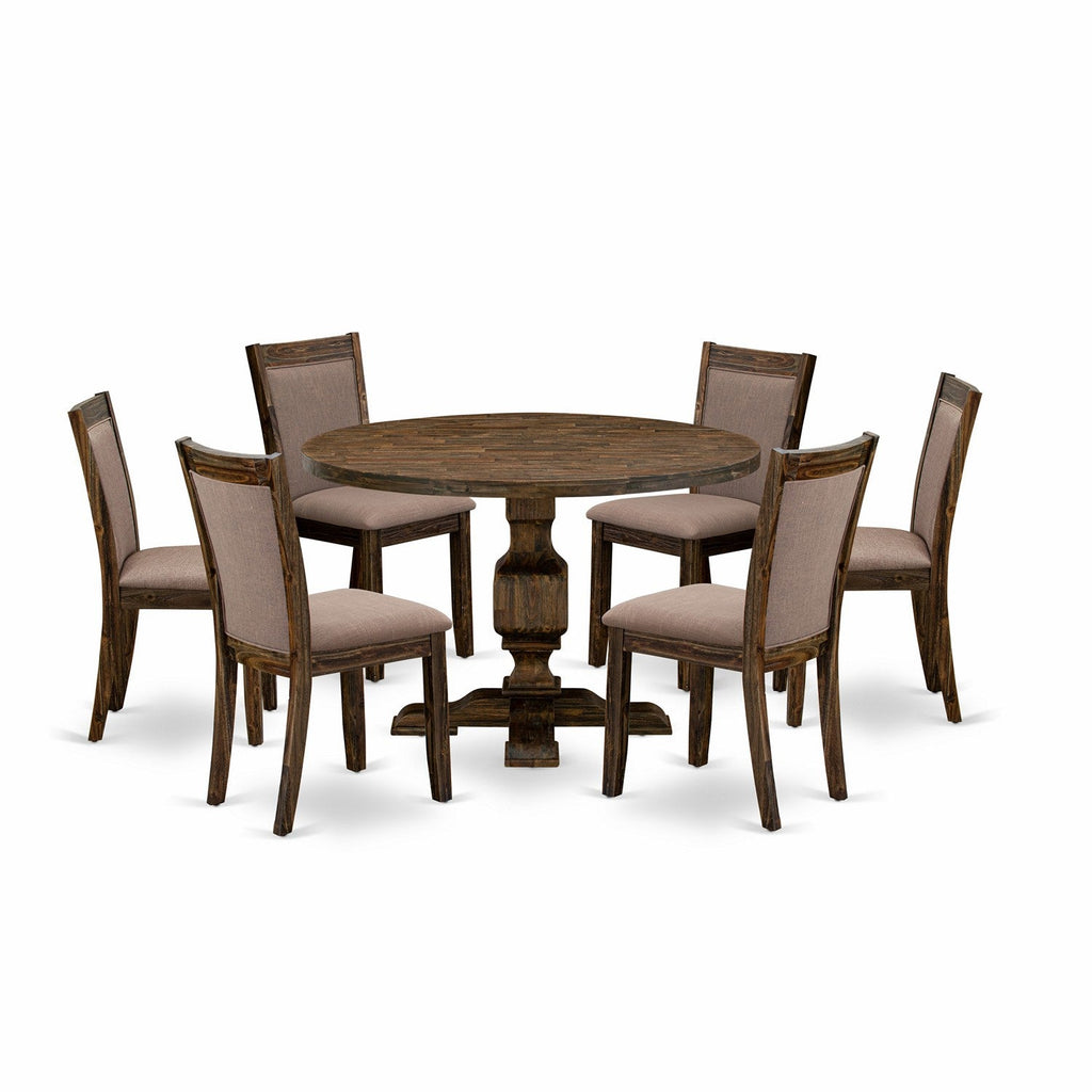 East West Furniture I3MZ7-748 7 Piece Dining Room Table Set Consist of a Round Dining Table with Pedestal and 6 Coffee Linen Fabric Upholstered Chairs