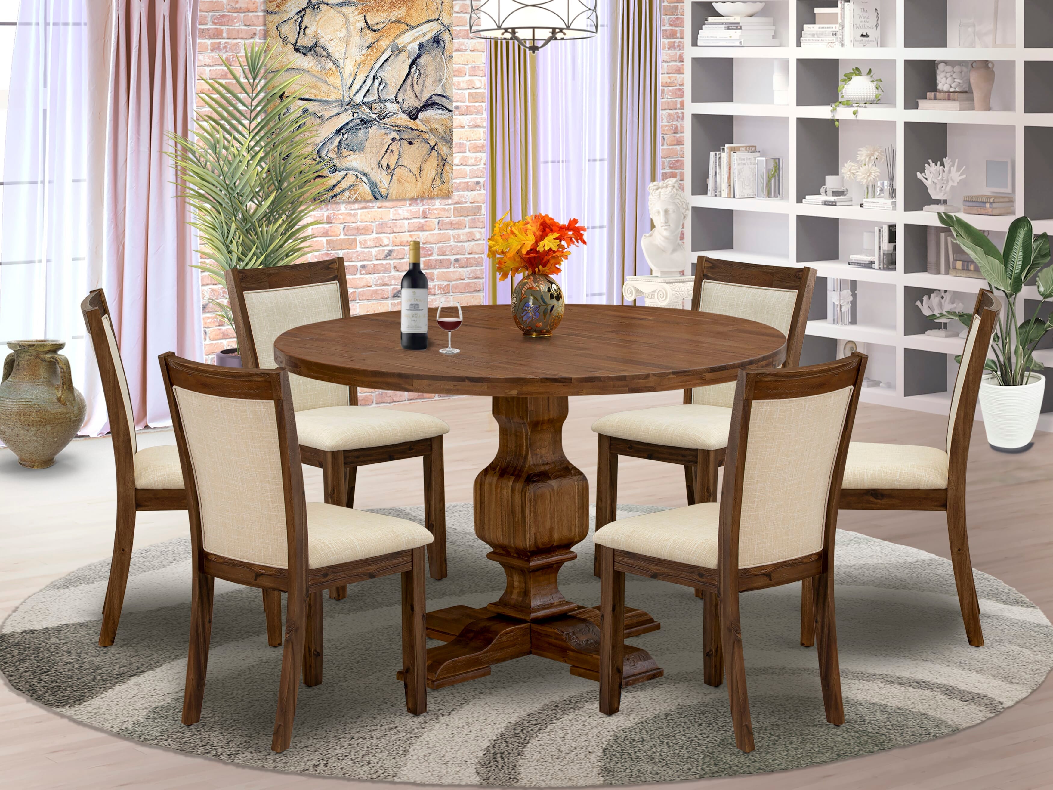 East West Furniture I3MZ7-N02 7-Pc Dining Room Set - Round Wood Dining Table and 6 Light Beige Color Parson Kitchen Chairs with High Back - Antique Walnut Finish