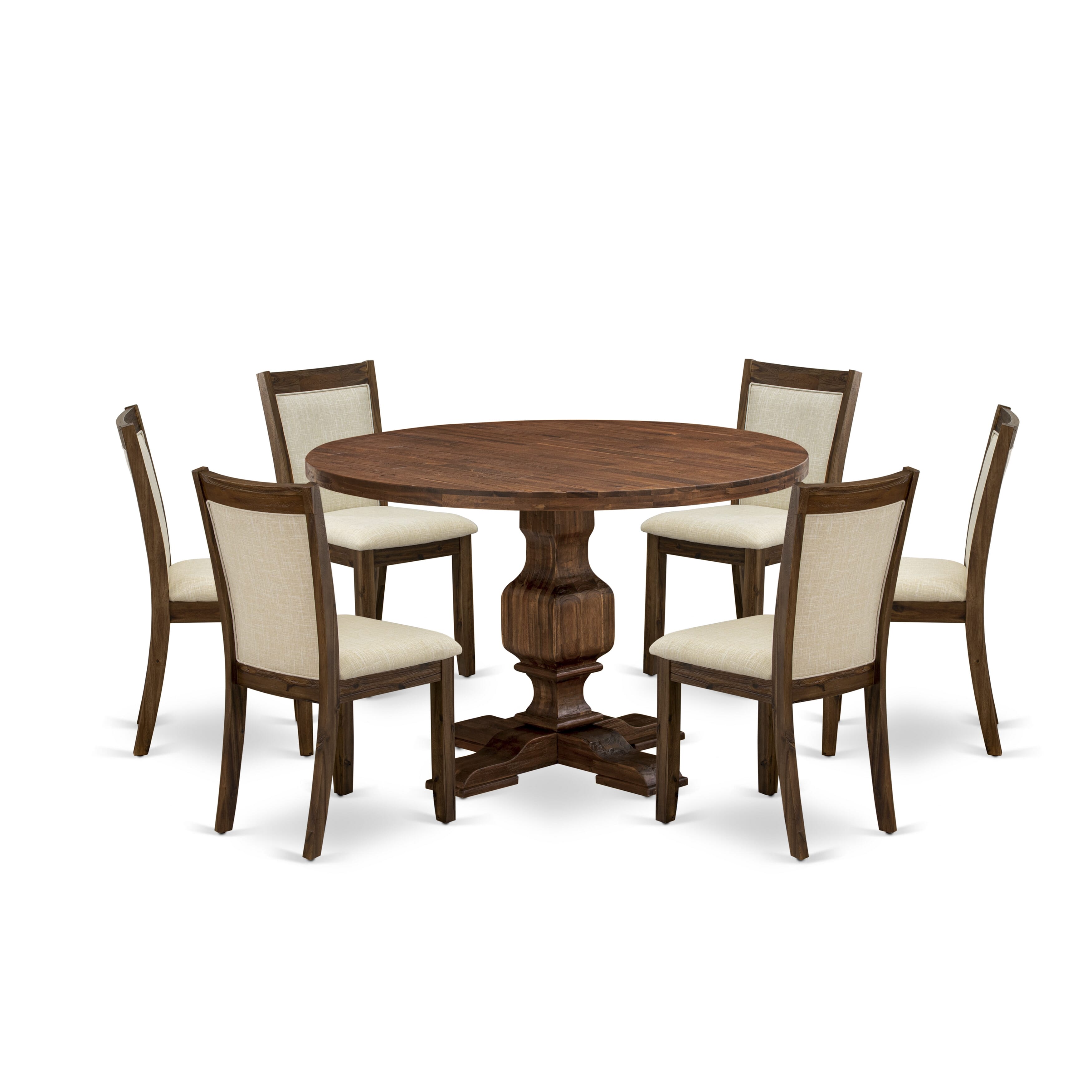 East West Furniture I3MZ7-N02 7-Pc Dining Room Set - Round Wood Dining Table and 6 Light Beige Color Parson Kitchen Chairs with High Back - Antique Walnut Finish