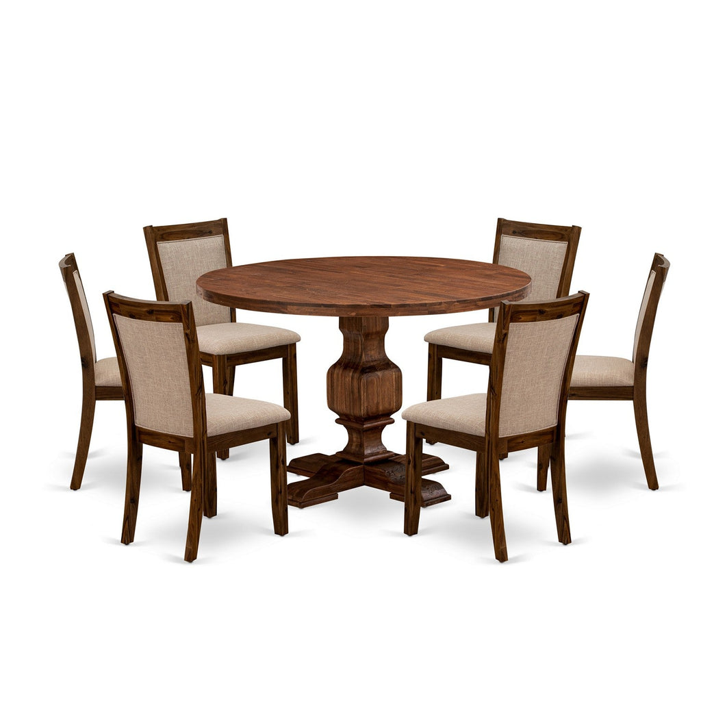 East West Furniture I3MZ7-N04 7 Piece Dining Table Set Consist of a Round Dining Room Table with Pedestal and 6 Light Tan Linen Fabric Upholstered Chairs