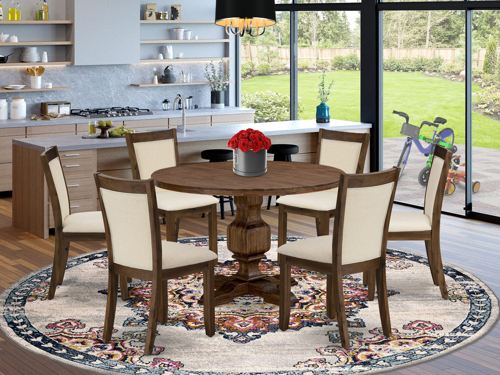 East West Furniture I3MZ7-NN-32 7 Piece Dining Table Set Consist of a Round Dining Room Table with Pedestal and 6 Light Beige Linen Fabric Parson Chairs, 48x48 Inch, Sandblasting Antique Walnut