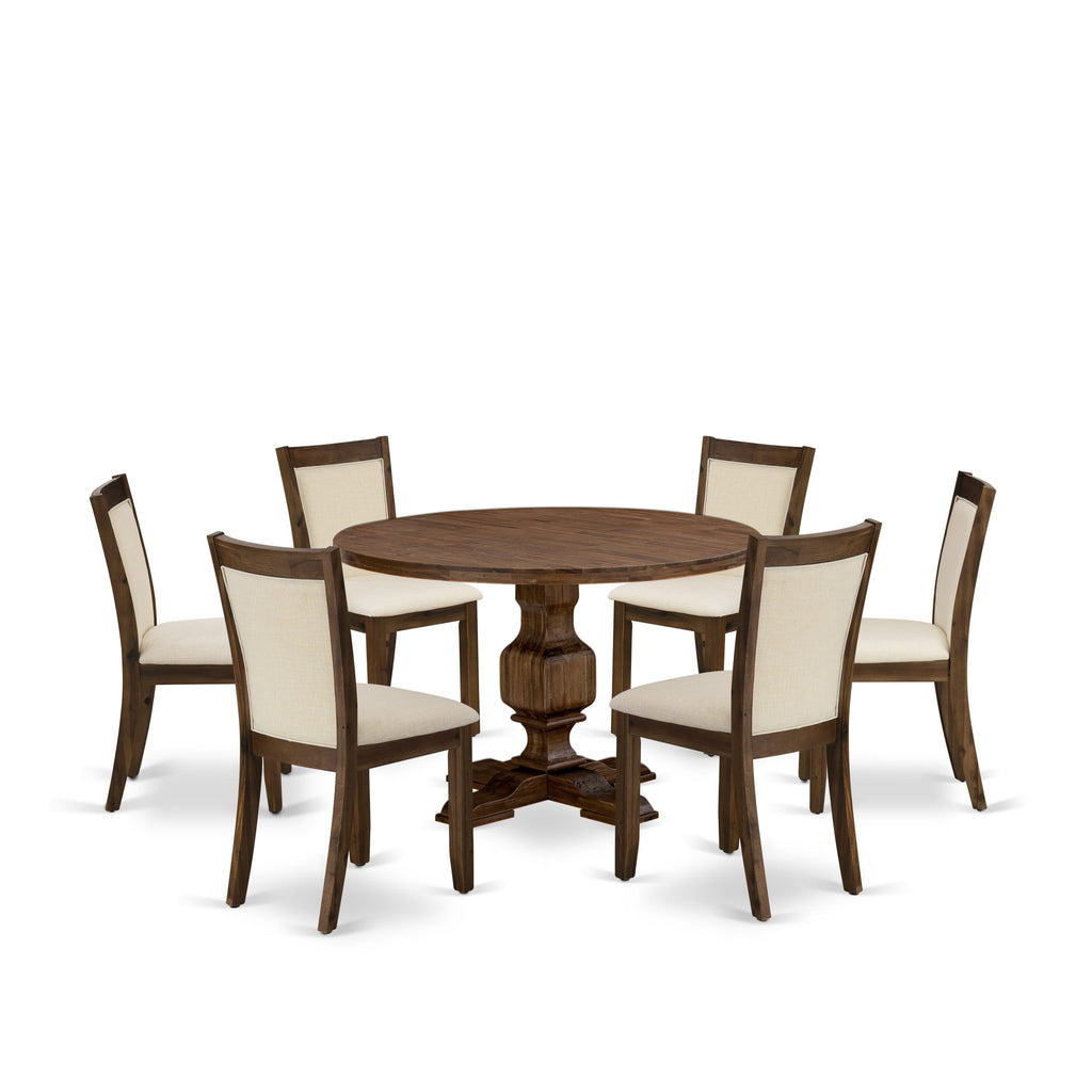 East West Furniture I3MZ7-NN-32 7 Piece Dining Table Set Consist of a Round Dining Room Table with Pedestal and 6 Light Beige Linen Fabric Parson Chairs, 48x48 Inch, Sandblasting Antique Walnut