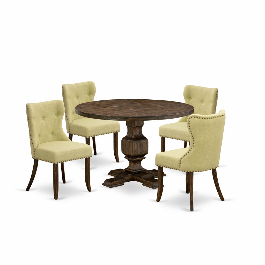 Juego de comedor de 5 piezas East West Furniture I3SI5-737. Incluye una mesa de comedor redonda con pedestal y 4 sillas tapizadas en tela de lino Limelight.