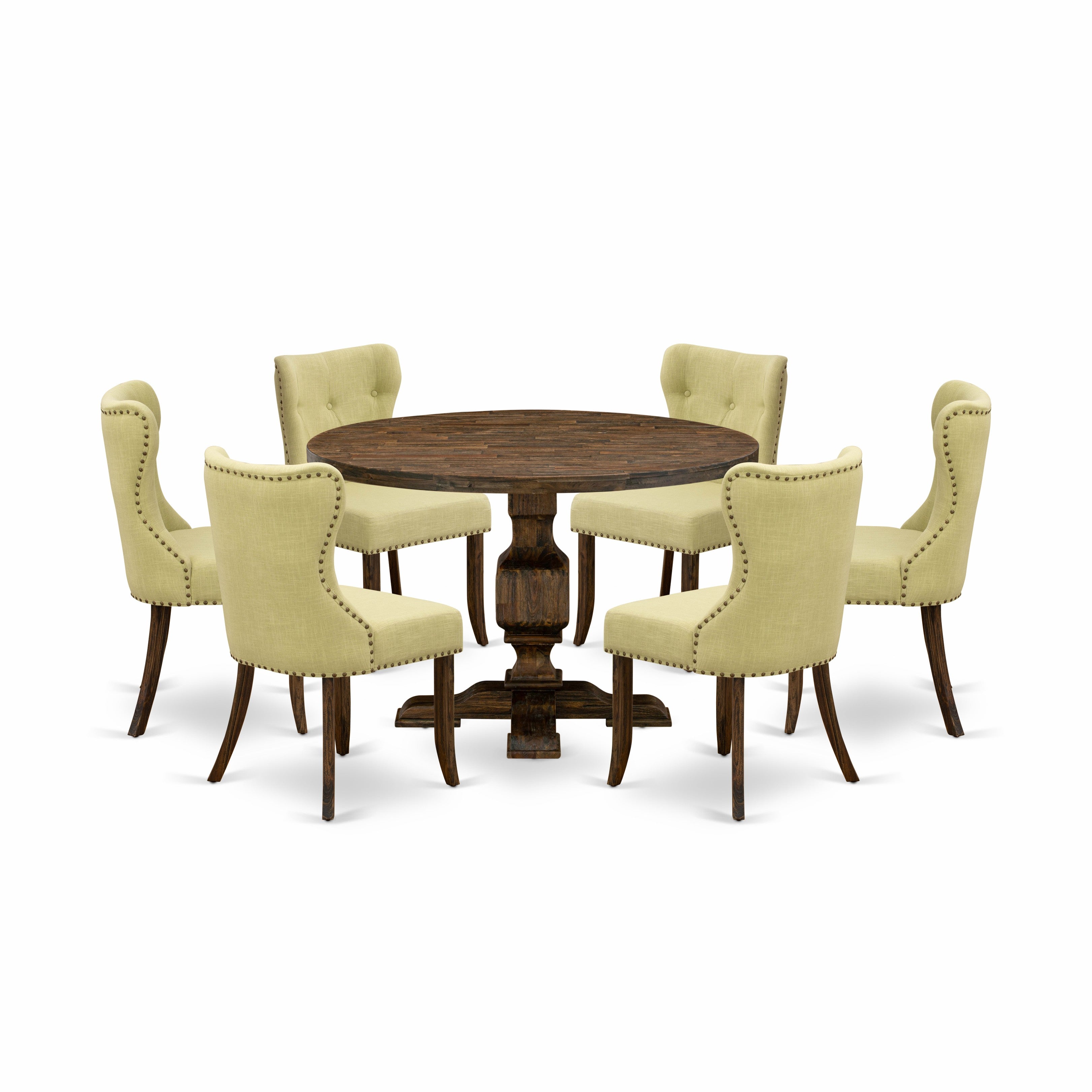 East West Furniture I3SI7-737 7-Piece Dining Table Set - Modern Dining Table and 6 Limelight Color Parson Dining Room Chairs with Button Tufted Back - Distressed Jacobean Finish