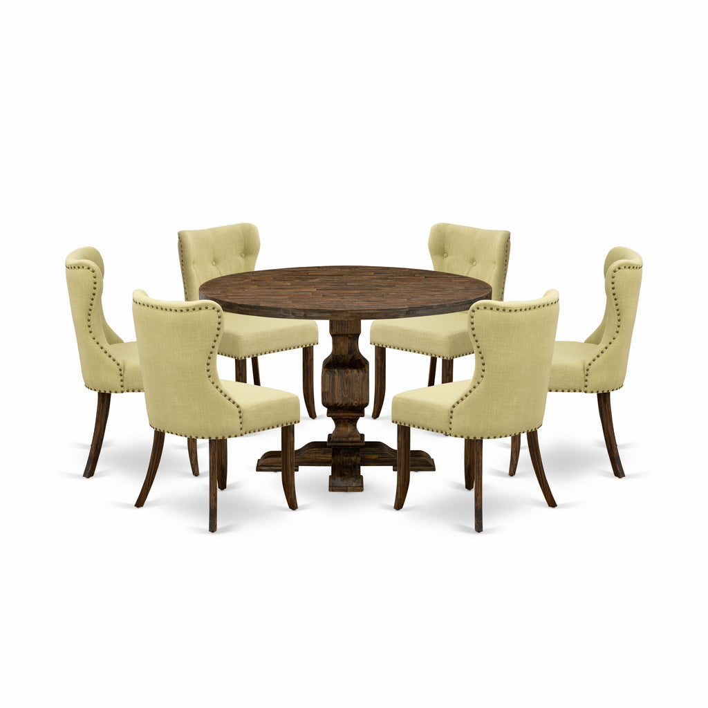 Juego de mesa y sillas de cocina de 7 piezas East West Furniture I3SI7-737. Incluye una mesa de comedor redonda con pedestal y 6 sillas Parson de tela de lino Limelight.