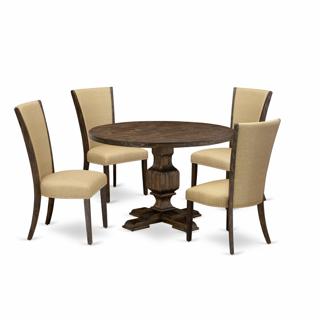 East West Furniture I3VE5-703 5 Piece Kitchen Table Set for 4 Includes a Round Dining Room Table with Pedestal and 4 Brown Linen Fabric Parson Dining Chairs