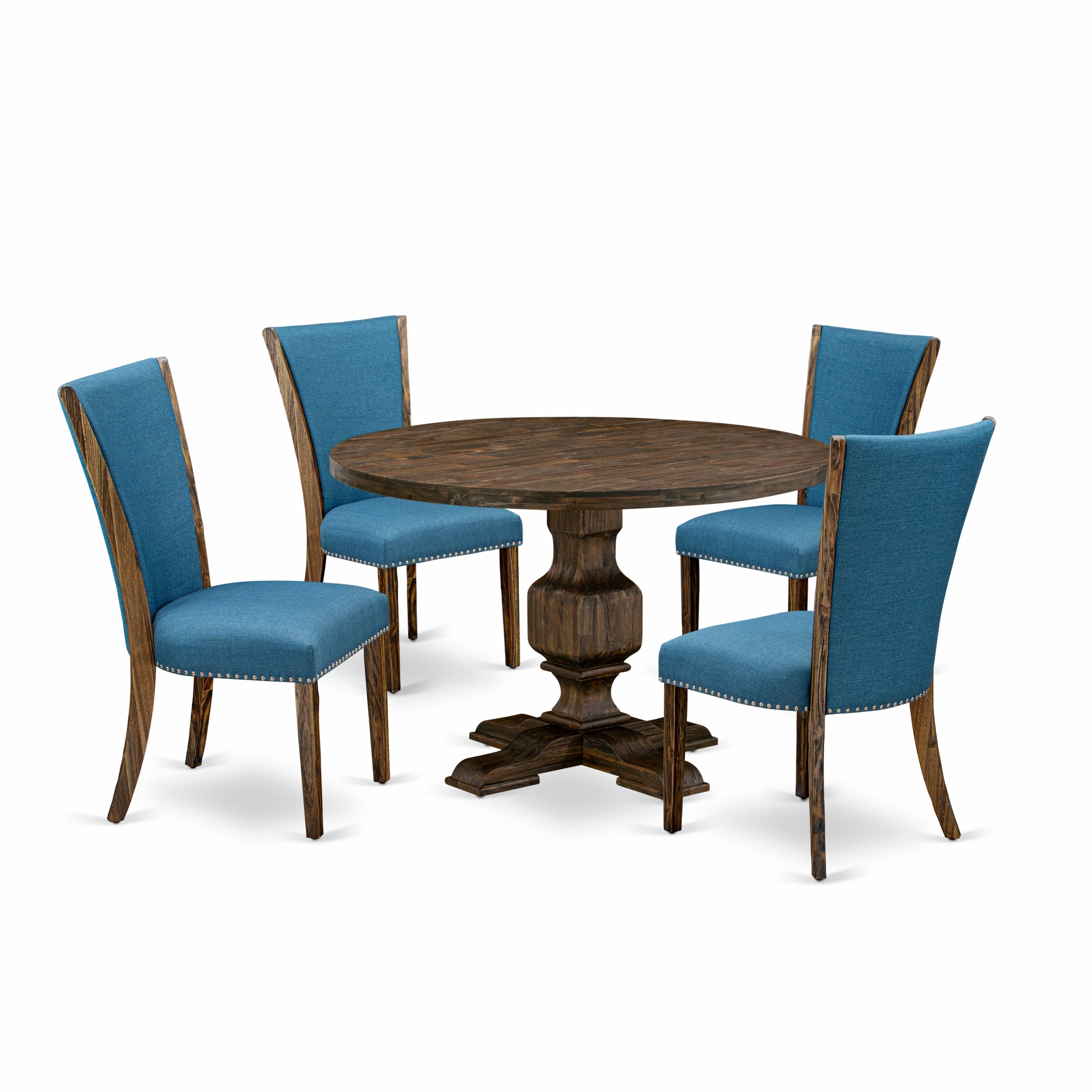 Juego de mesa de comedor moderna de 5 piezas East West Furniture I3VE5-721. Incluye una mesa redonda de madera con pedestal y 4 sillas Parson de tela de lino de color azul.