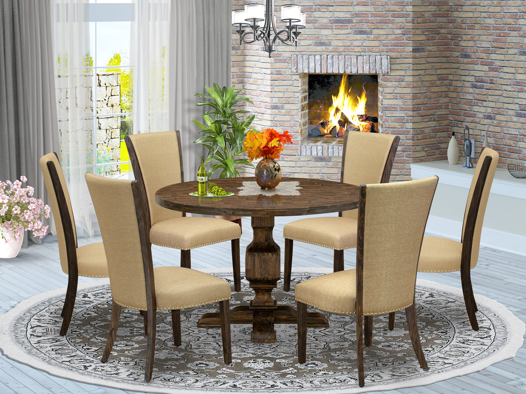 East West Furniture I3VE7-703 7 Piece Kitchen Table Set Consist of a Round Dining Table with Pedestal and 6 Brown Linen Fabric Parson Chairs, 48x48 Inch, Distressed Jacobean