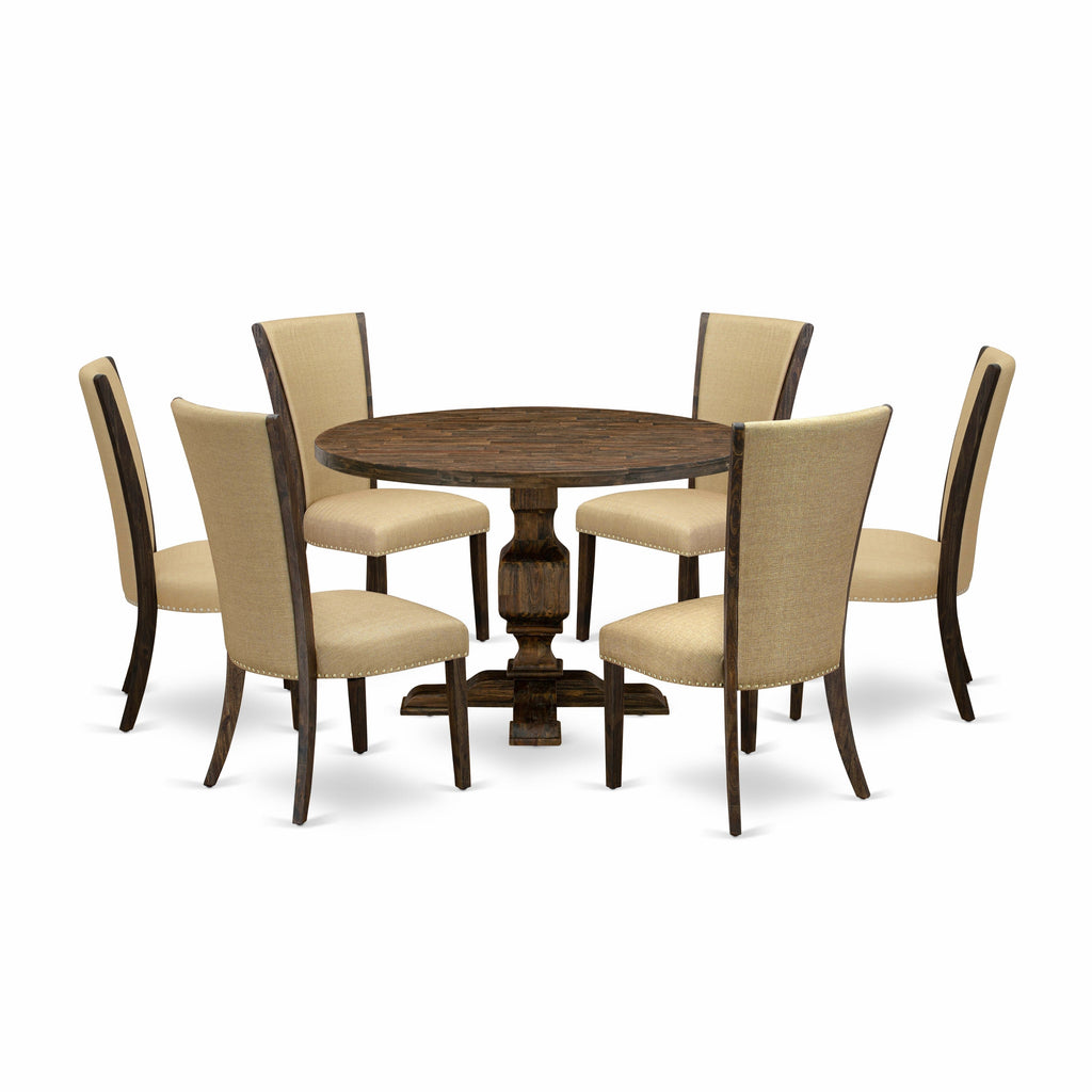 East West Furniture I3VE7-703 7 Piece Kitchen Table Set Consist of a Round Dining Table with Pedestal and 6 Brown Linen Fabric Parson Chairs