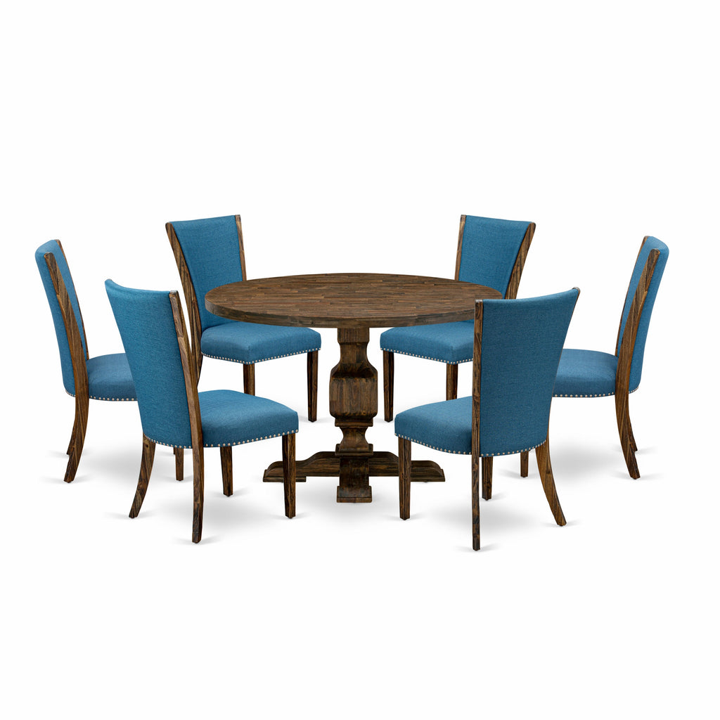 East West Furniture I3VE7-721 7 Piece Modern Dining Table Set Consist of a Round Wooden Table with Pedestal and 6 Blue Color Linen Fabric Upholstered Chairs