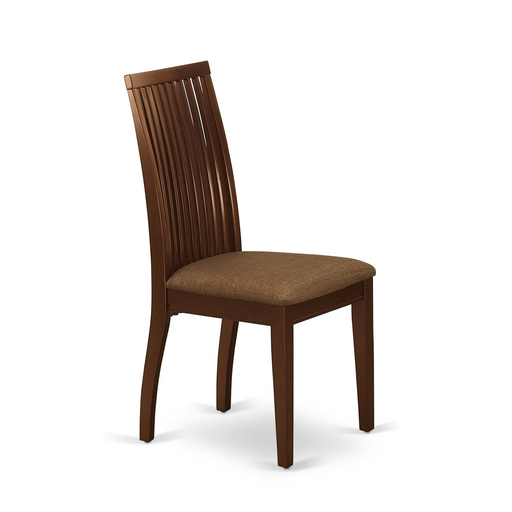 East West Furniture ESIP3-MAH-C 3 Piece Modern Dining Table Set Contains a Round Wooden Table with Pedestal and 2 Linen Fabric Upholstered Dining Chairs