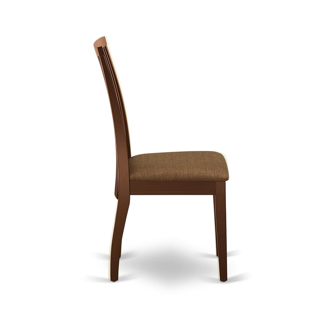 East West Furniture ESIP3-MAH-C 3 Piece Modern Dining Table Set Contains a Round Wooden Table with Pedestal and 2 Linen Fabric Upholstered Dining Chairs