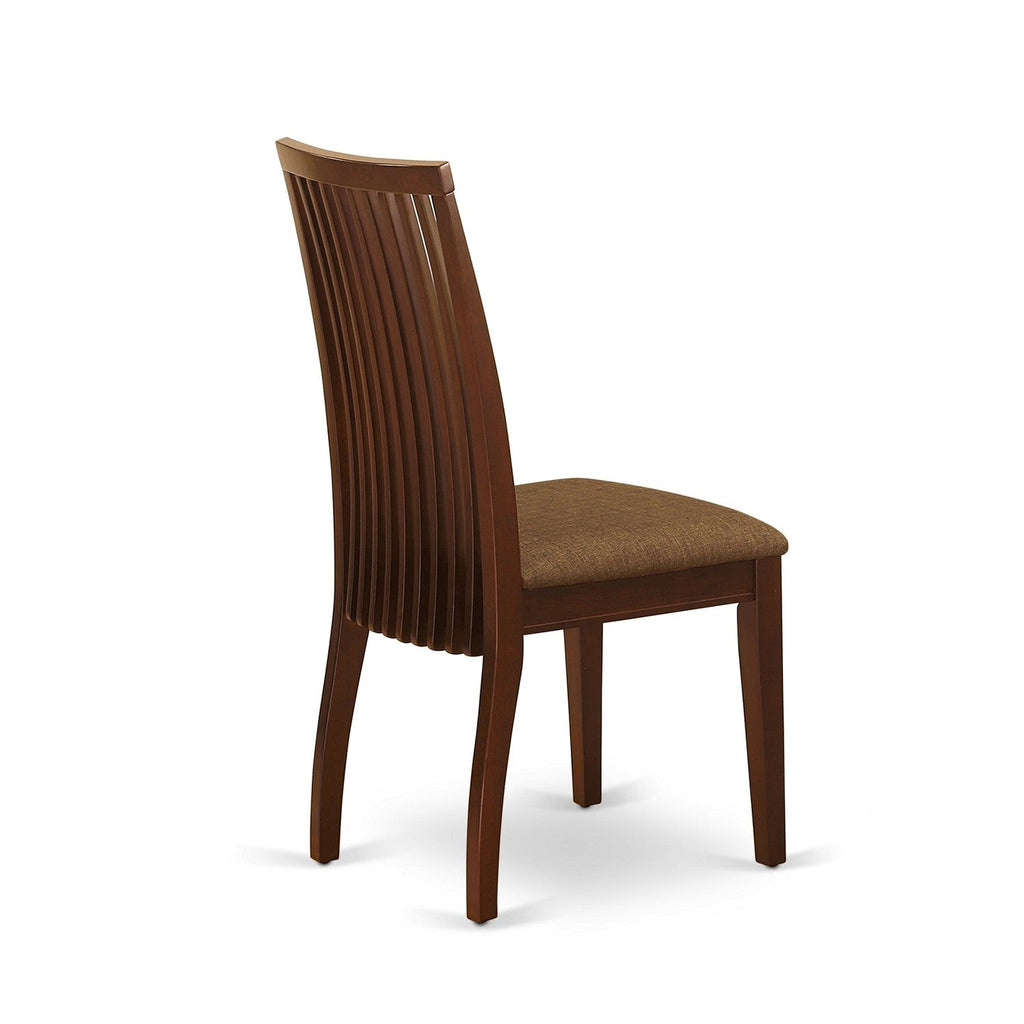 East West Furniture ESIP3-MAH-C 3 Piece Modern Dining Table Set Contains a Round Wooden Table with Pedestal and 2 Linen Fabric Upholstered Dining Chairs