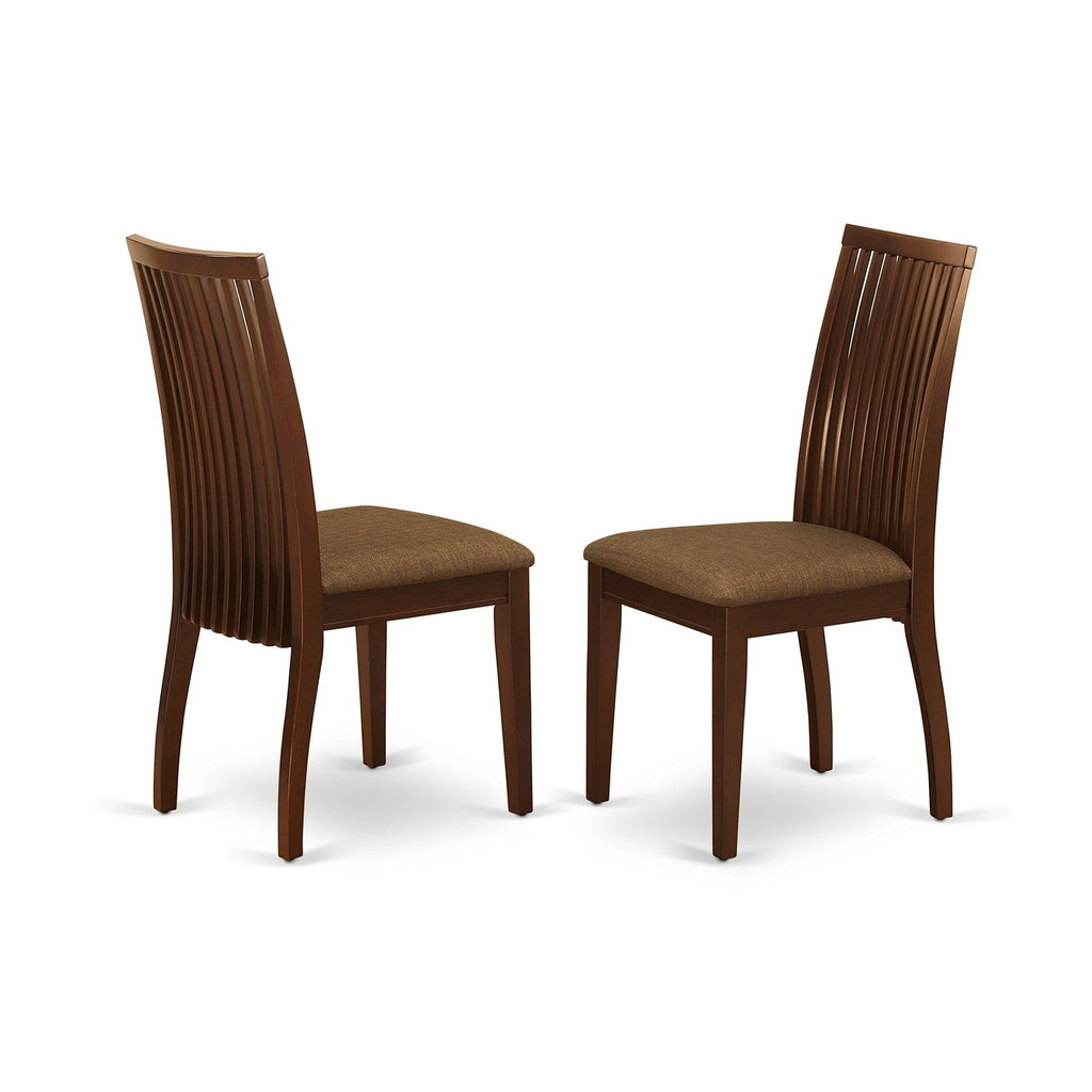 East West Furniture ESIP3-MAH-C 3 Piece Modern Dining Table Set Contains a Round Wooden Table with Pedestal and 2 Linen Fabric Upholstered Dining Chairs